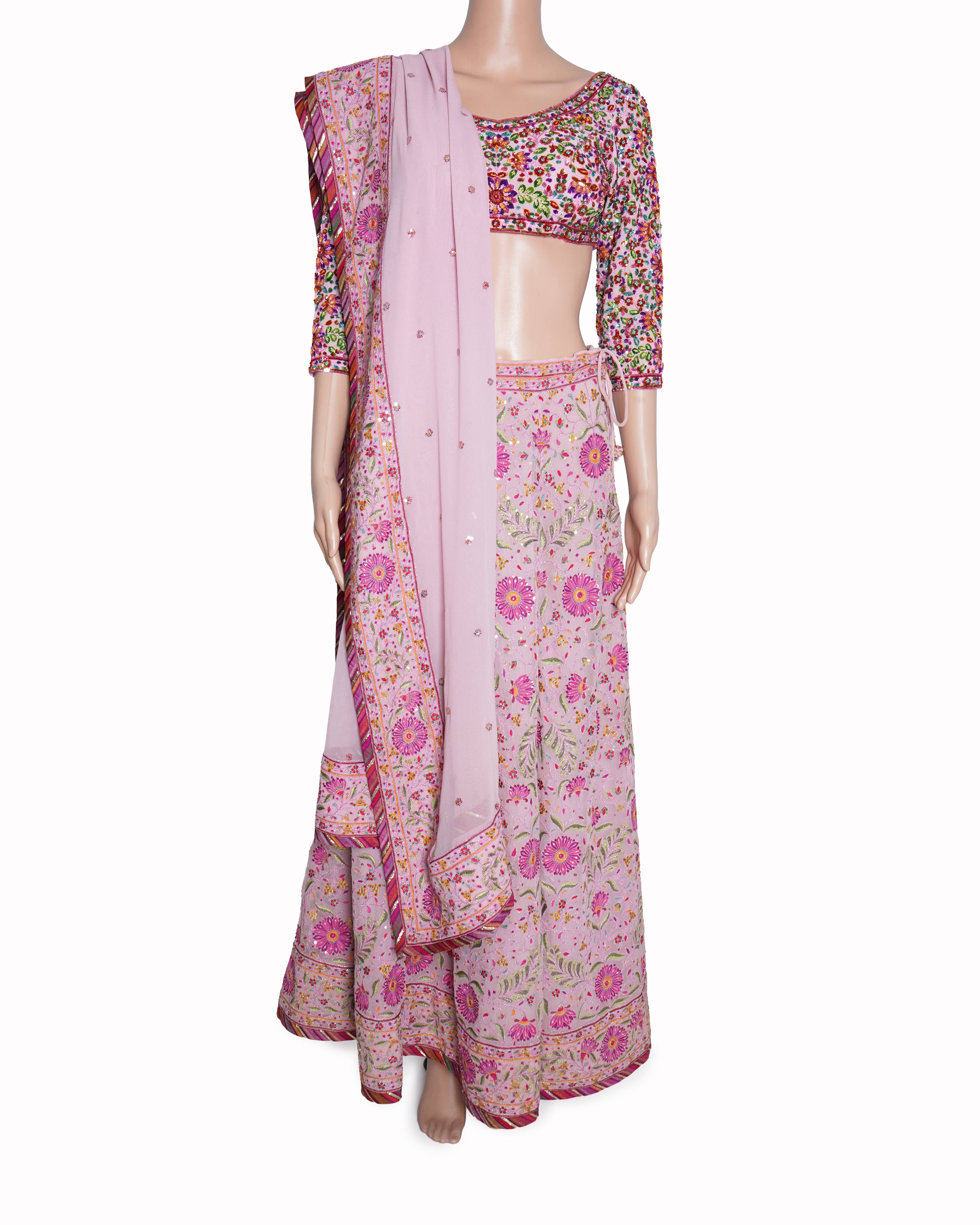 Abu Jani Sandeep Khosla pink embroidered lehenga set of 3