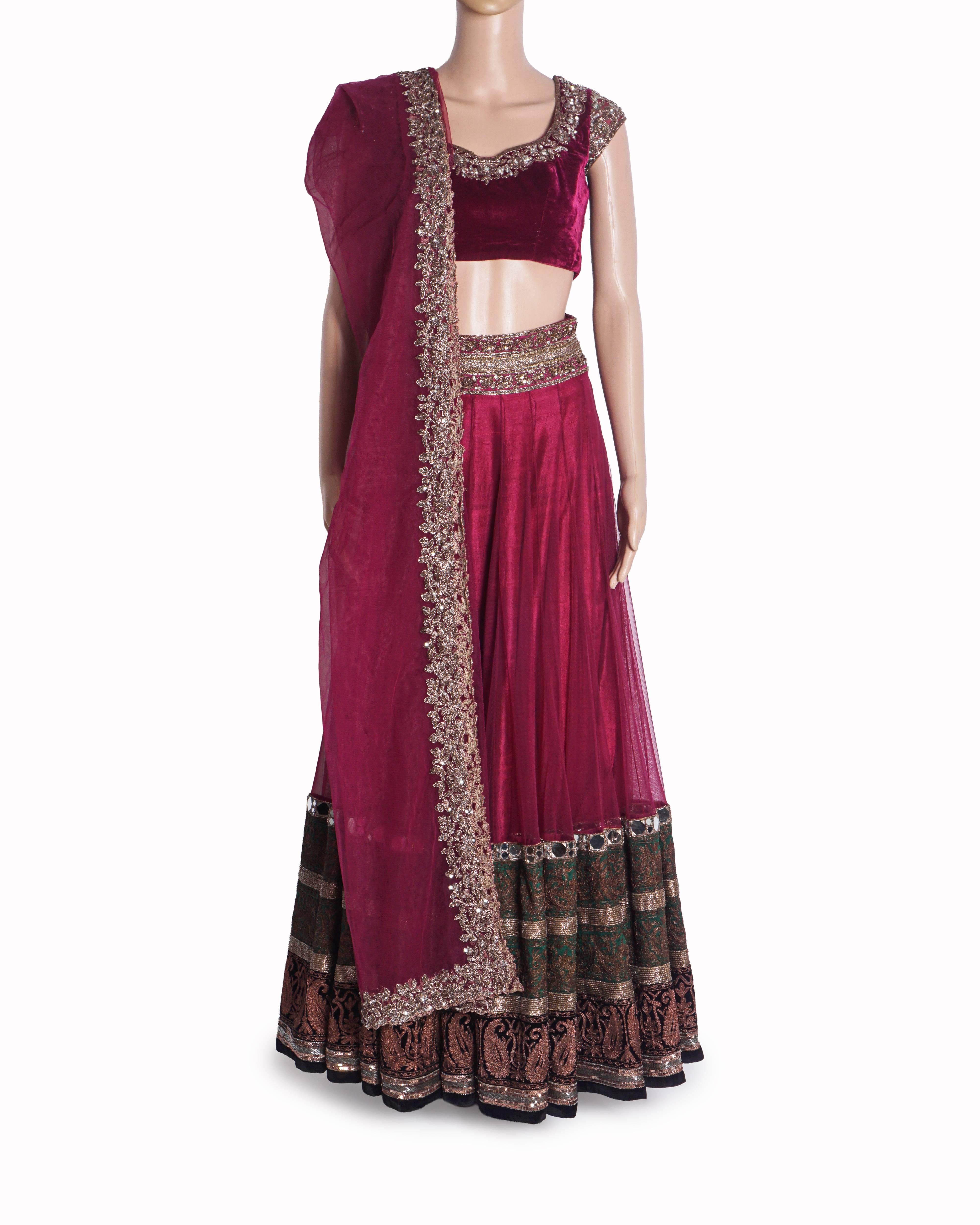Manish Malhotra Magenta Heavy Velvet Embroidered Lehenga Set