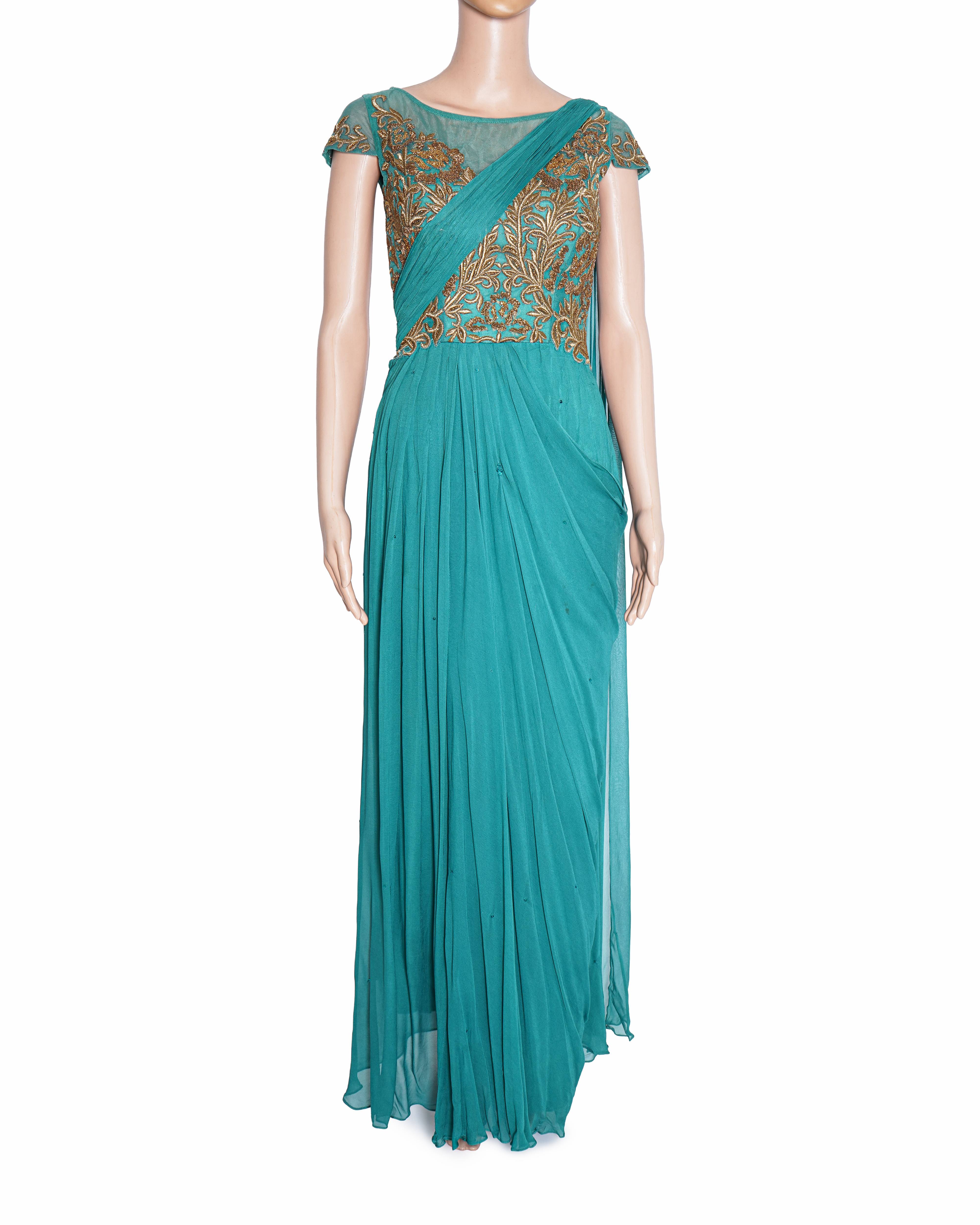 Adi By Aditya Khandelwal Turquoise Green Embroidered Saree Gown