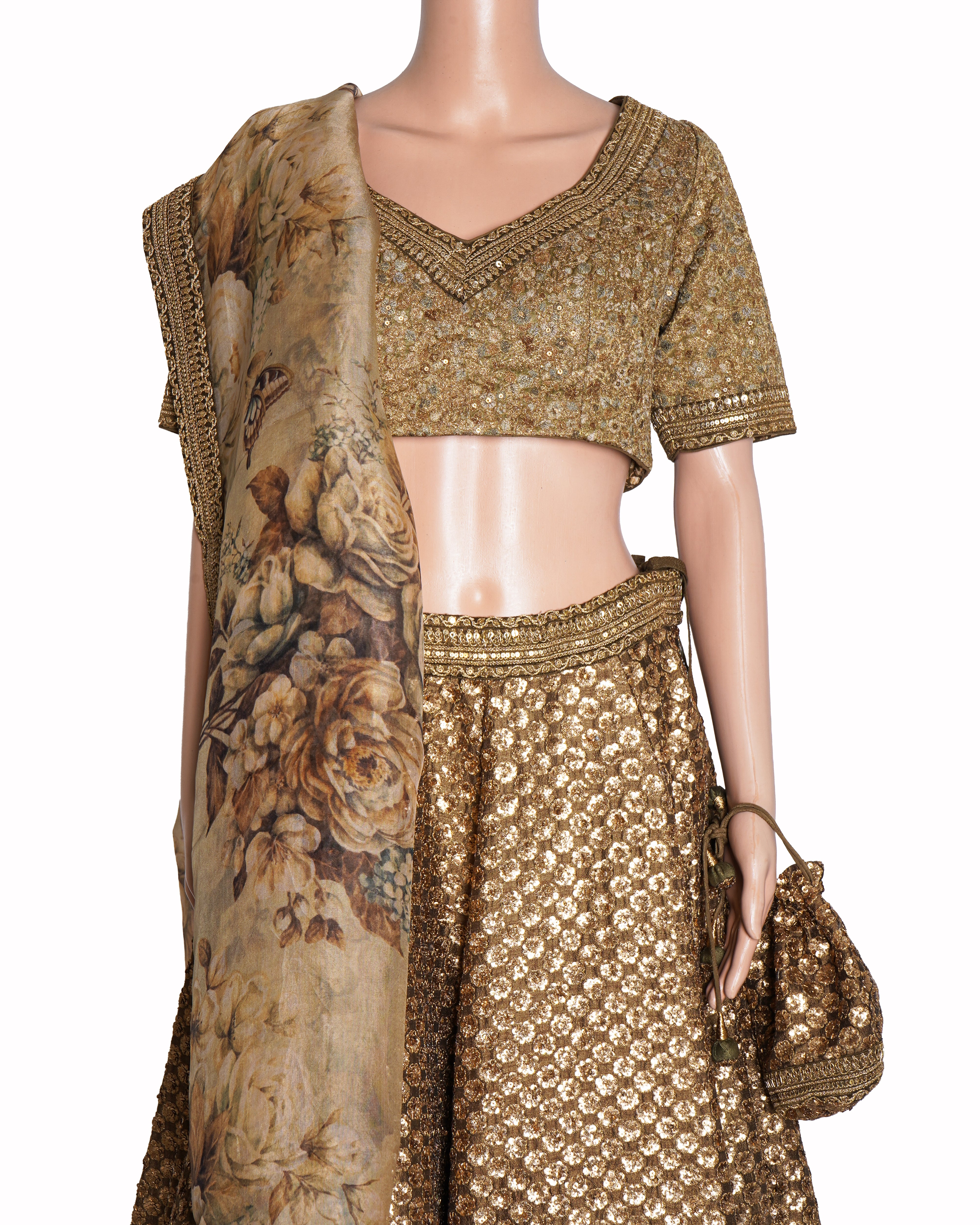 Sabyasachi Lehenga Set With Sequin Work In Gold Tone