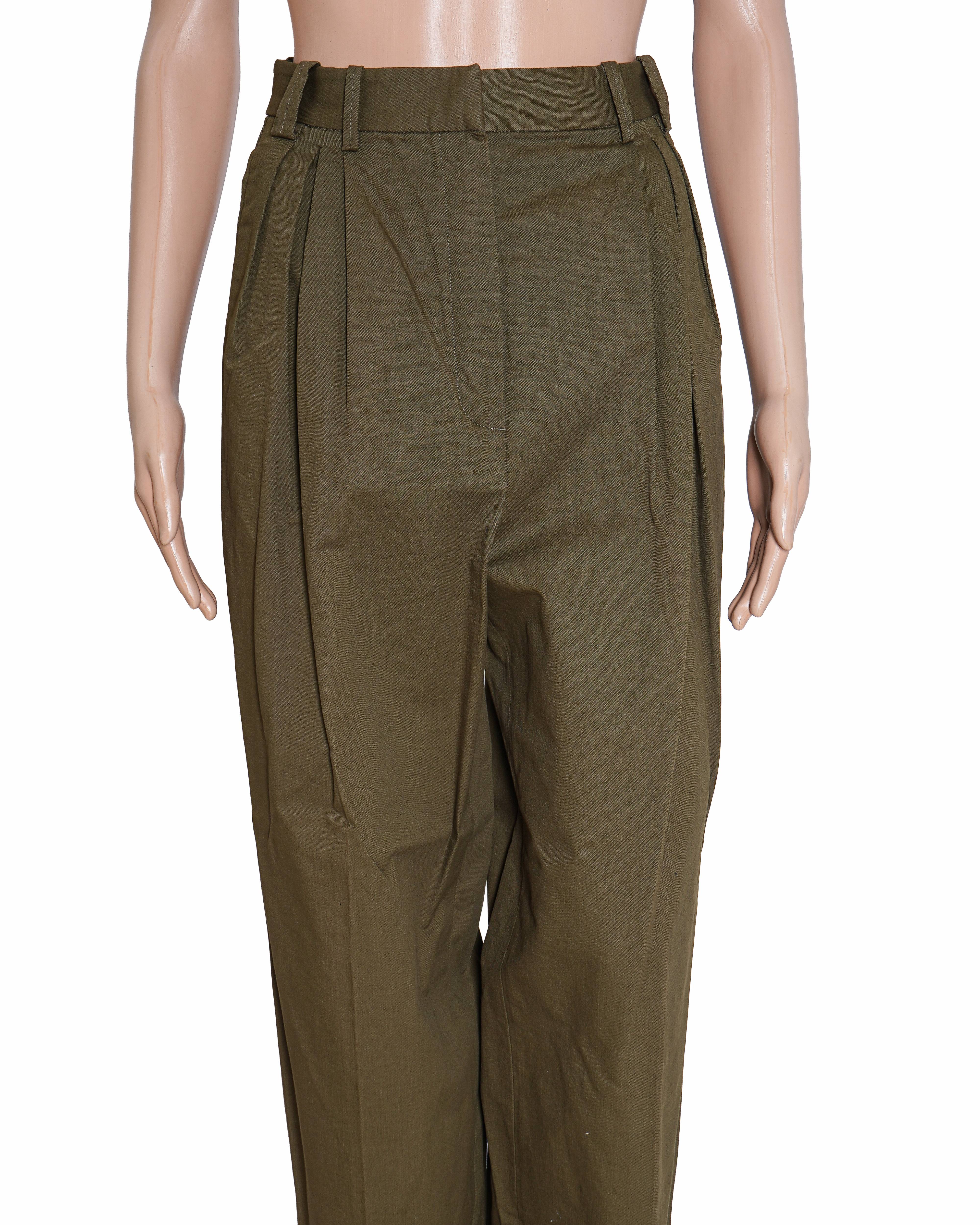 Massimo Dutti Olive Green Pleated Wide-Leg Trousers