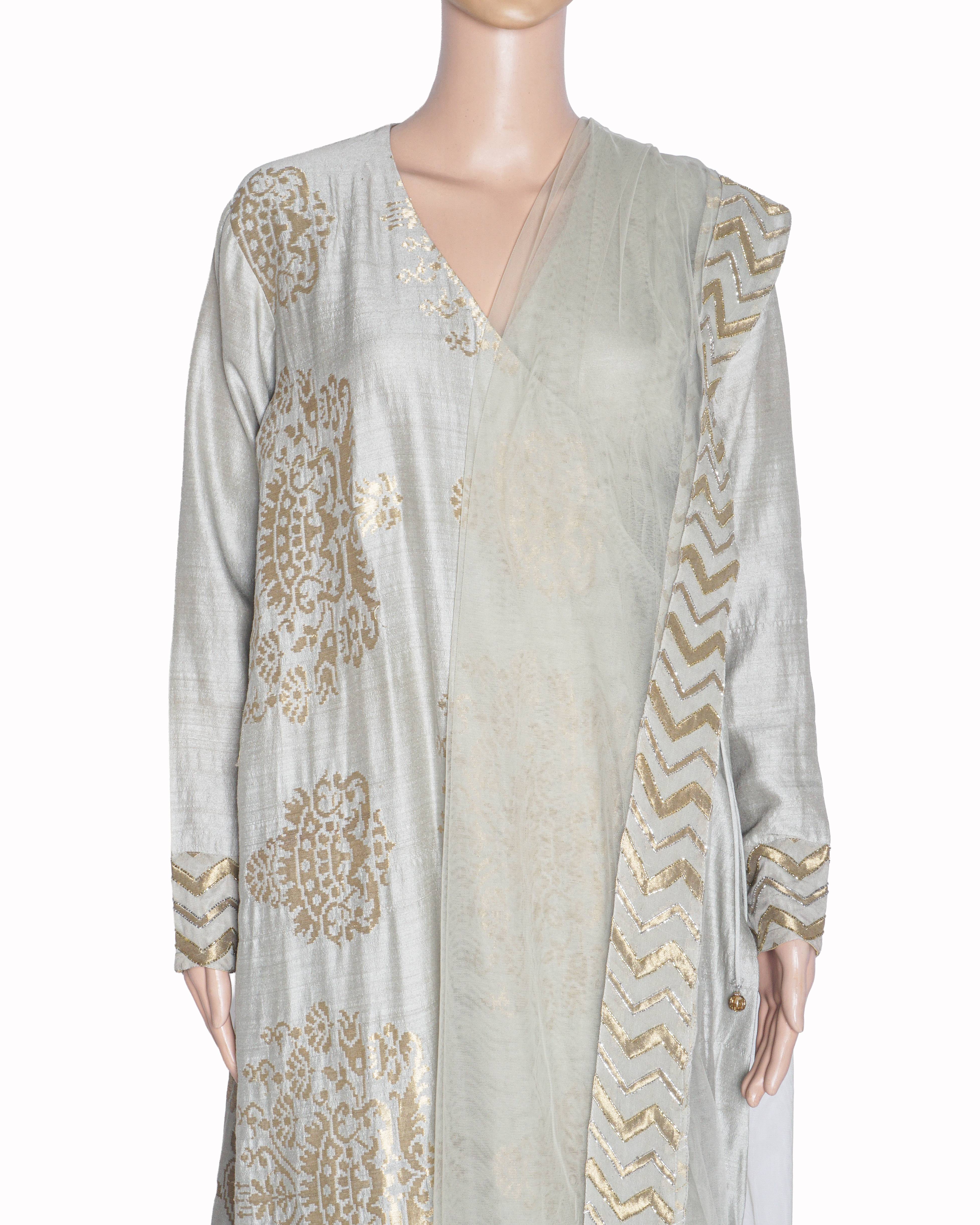 Neeta Lulla Grey and Gold Foil Print Angrakha Suit Set