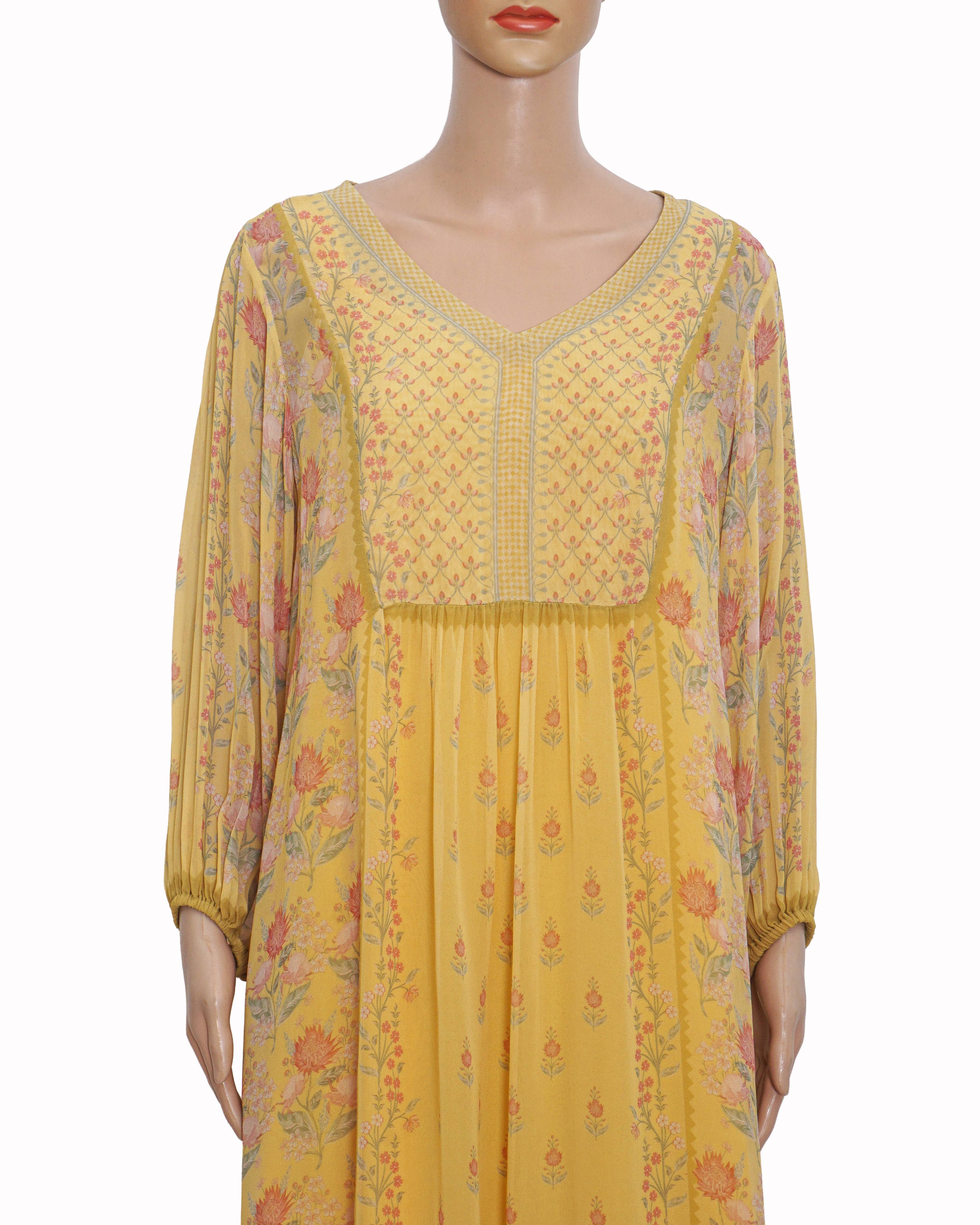 Anita Dongre Yellow Floral Printed V-Neck Tunic Kurta