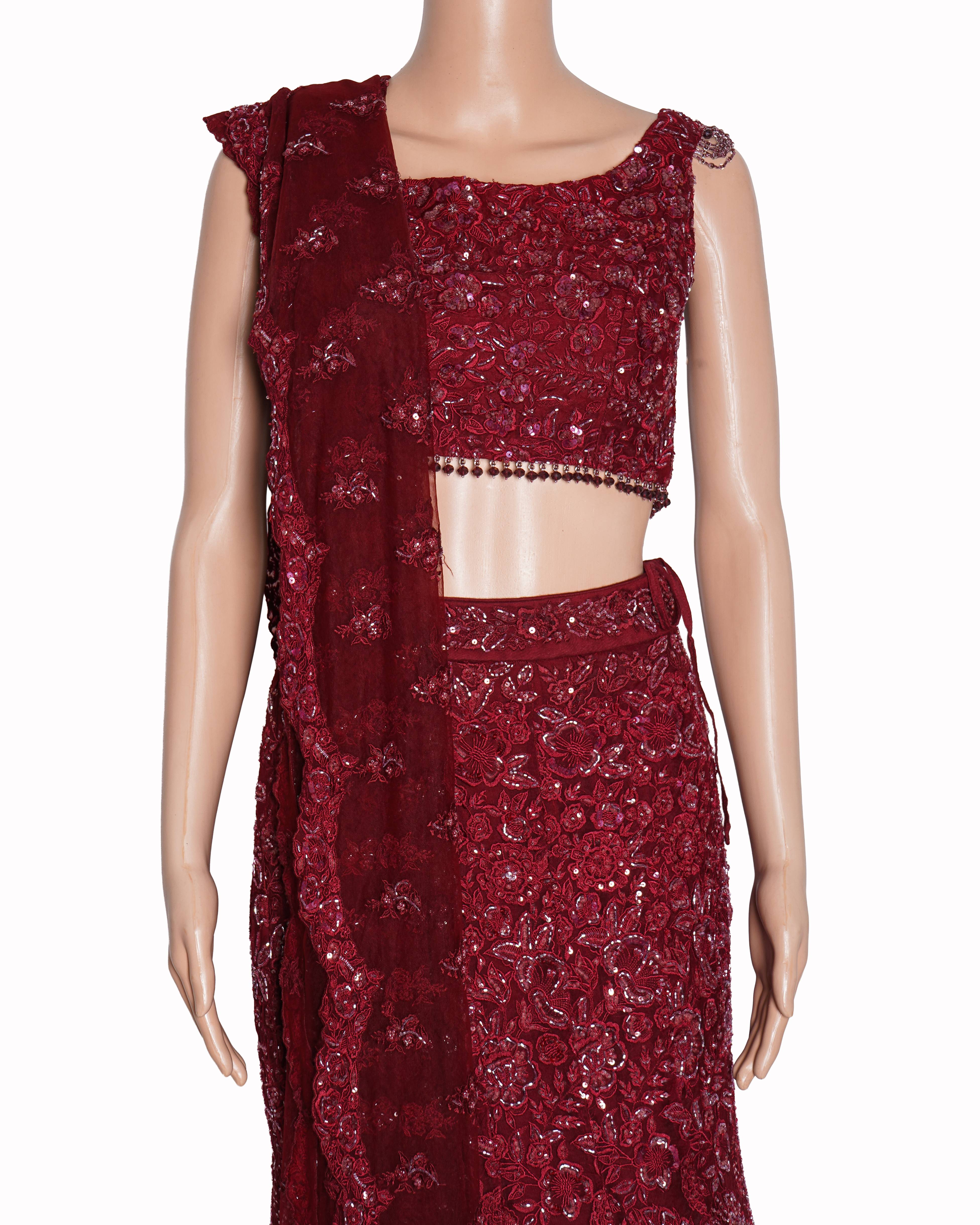 Shyamal & Bhumika
The Ruby Wine Embroidered and Sequined Fluted Lehenga