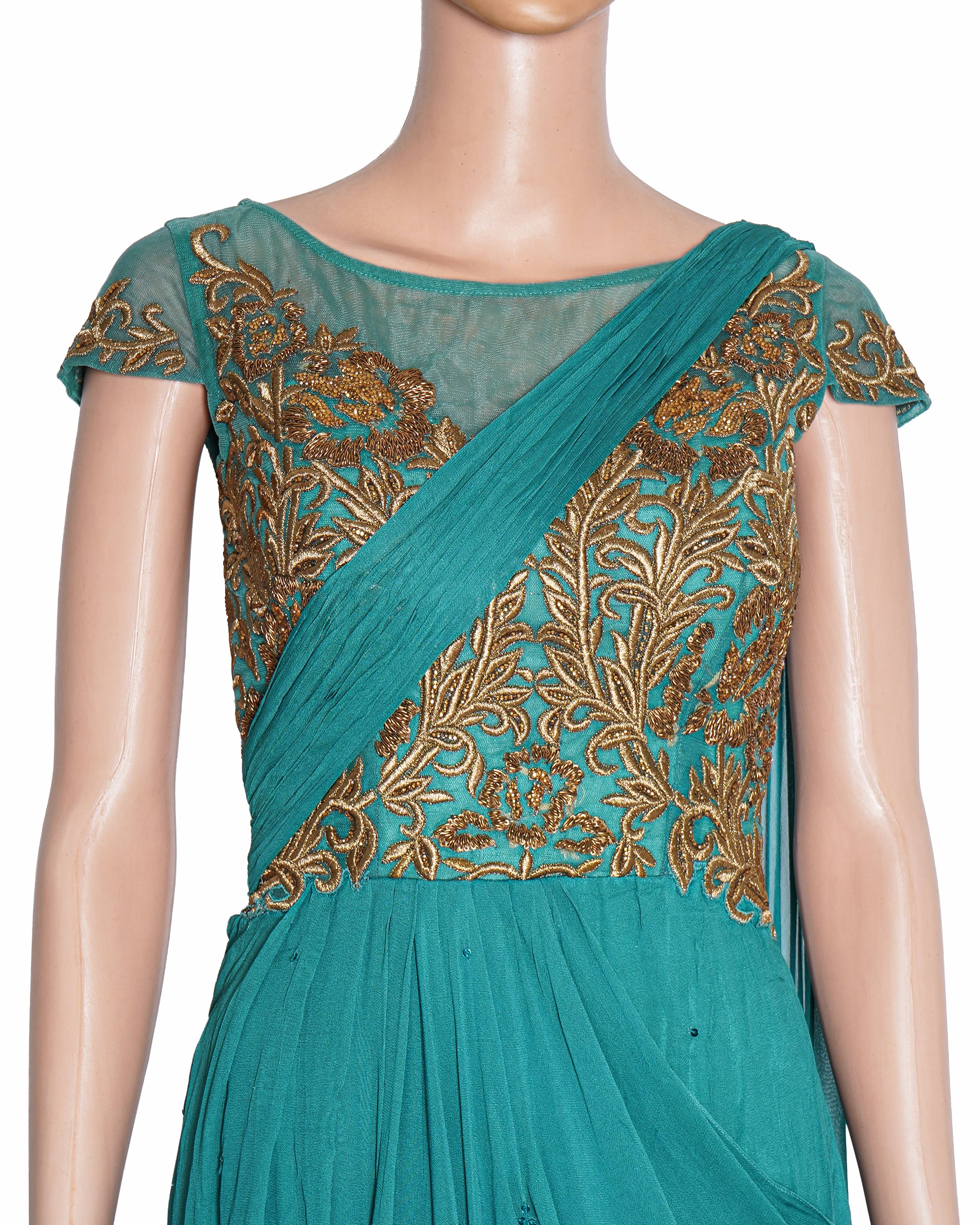 Adi By Aditya Khandelwal Turquoise Green Embroidered Saree Gown