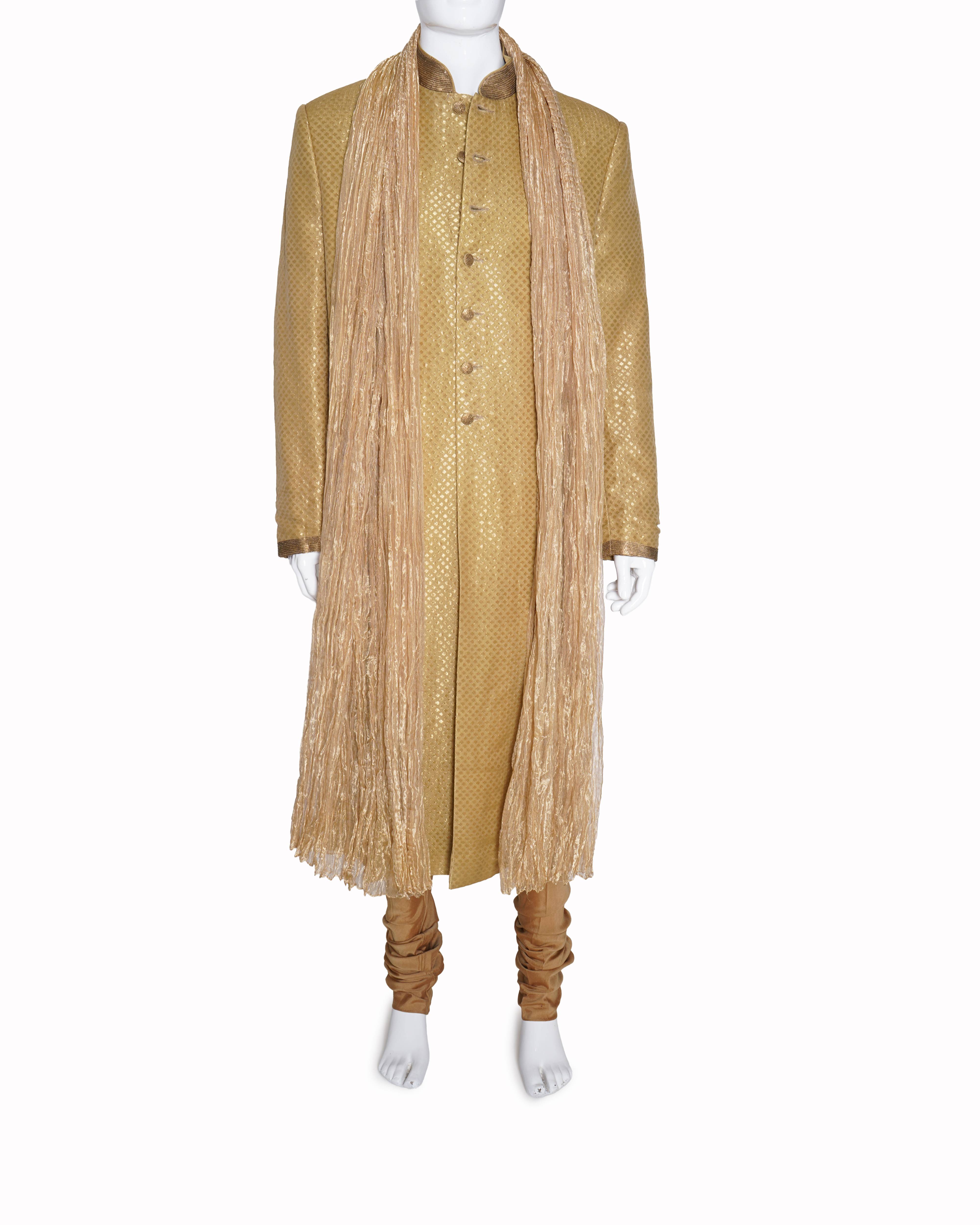 Rohit bal men's Gold & Beige Embroidered sherwani set of 4