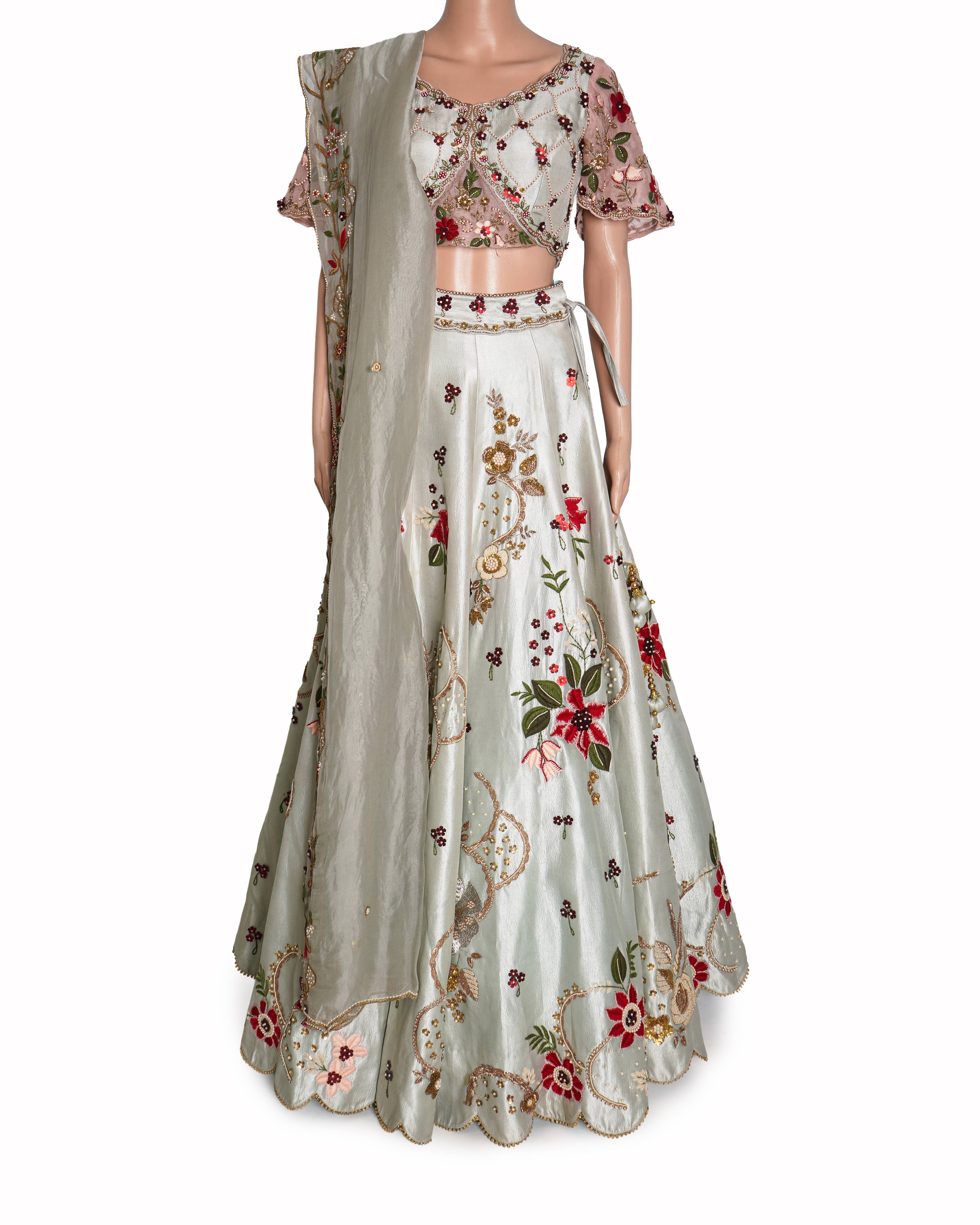 Gazal Gupta Pink & Sage Green Floral Embroidered Scalloped Lehenga Set