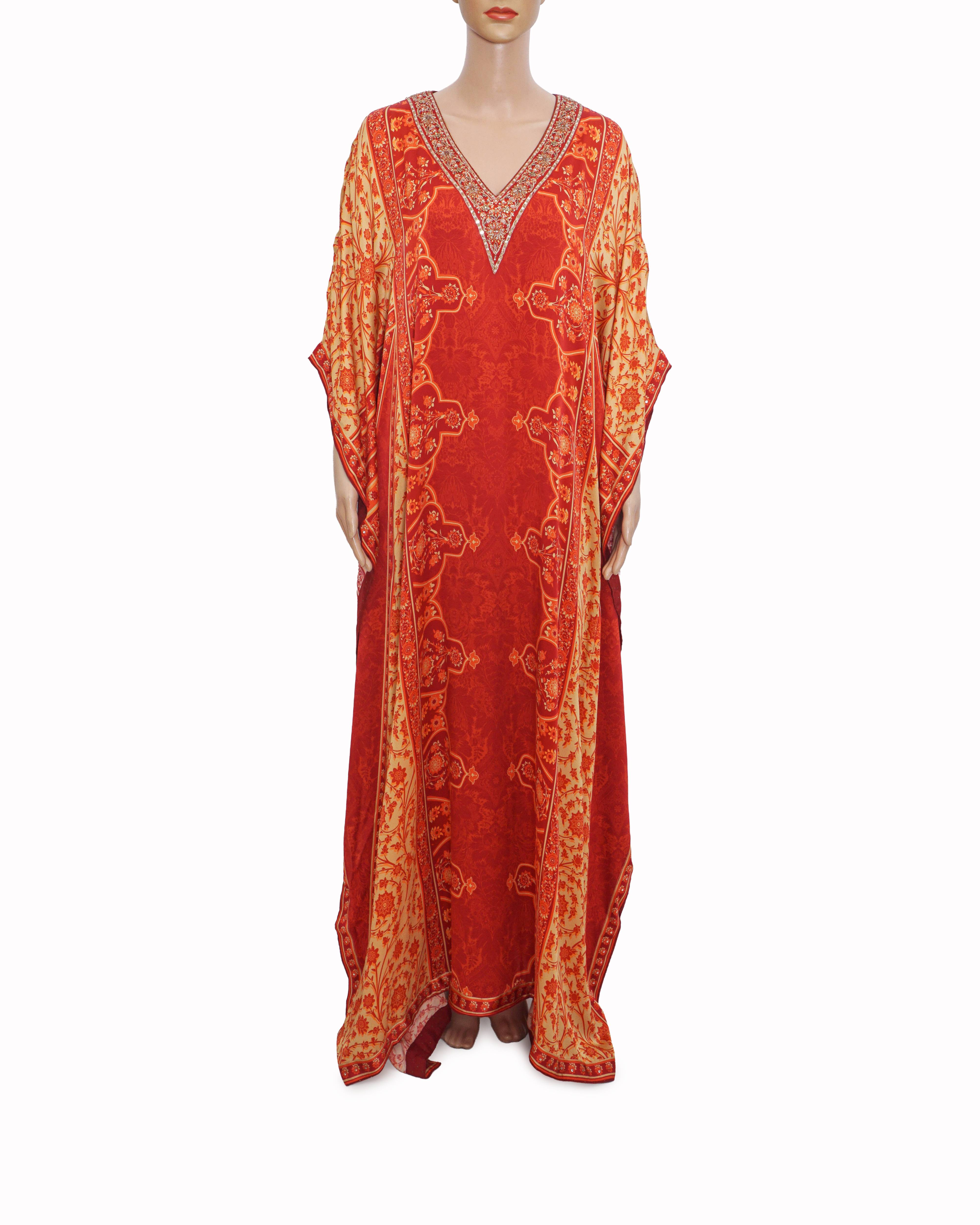 Ritu Kumar Red Silk Printed Geometric V Neck Villa Embroidered Kaftan