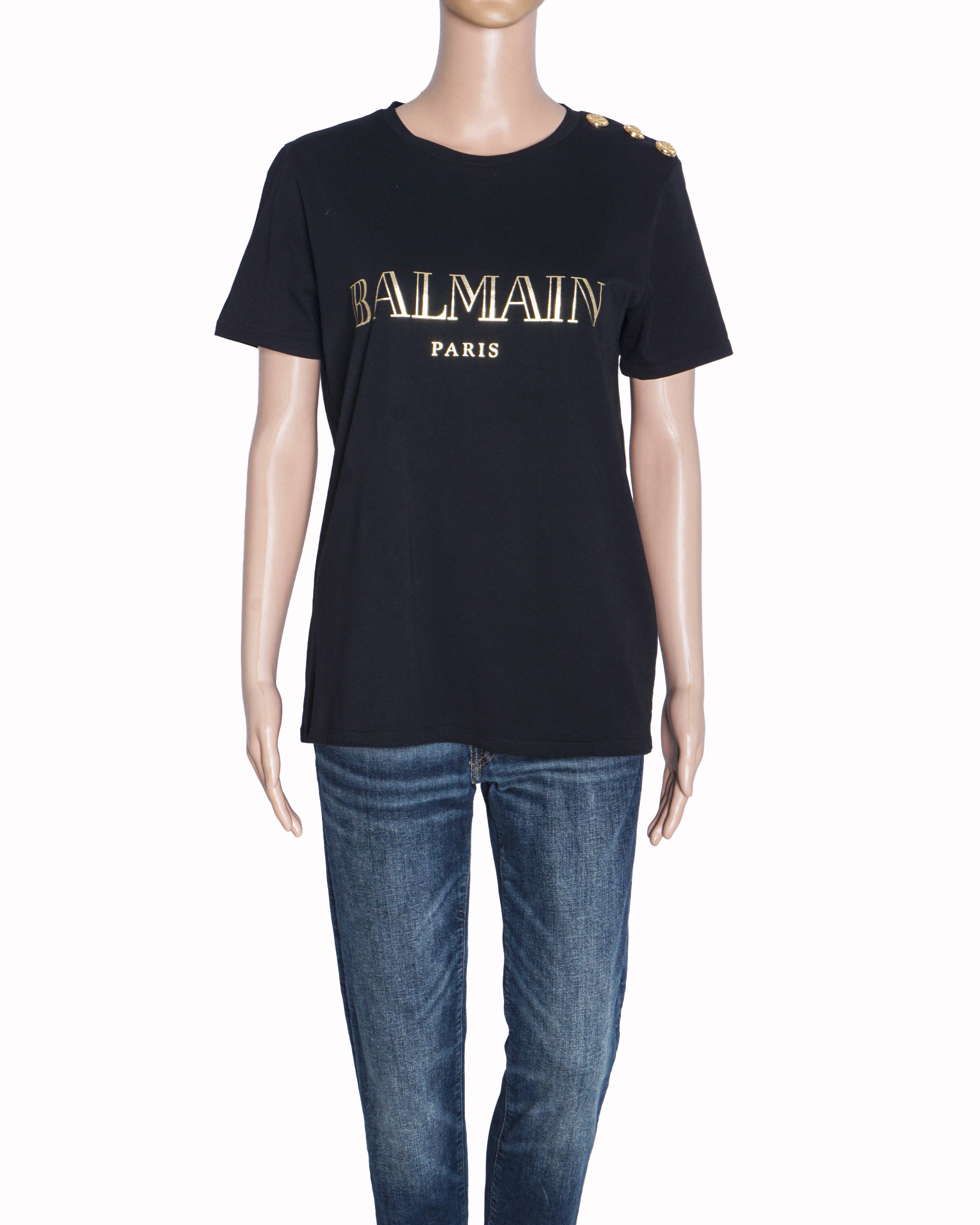 Balmain Black Cotton Gold Logo Button-Embellished T-Shirt