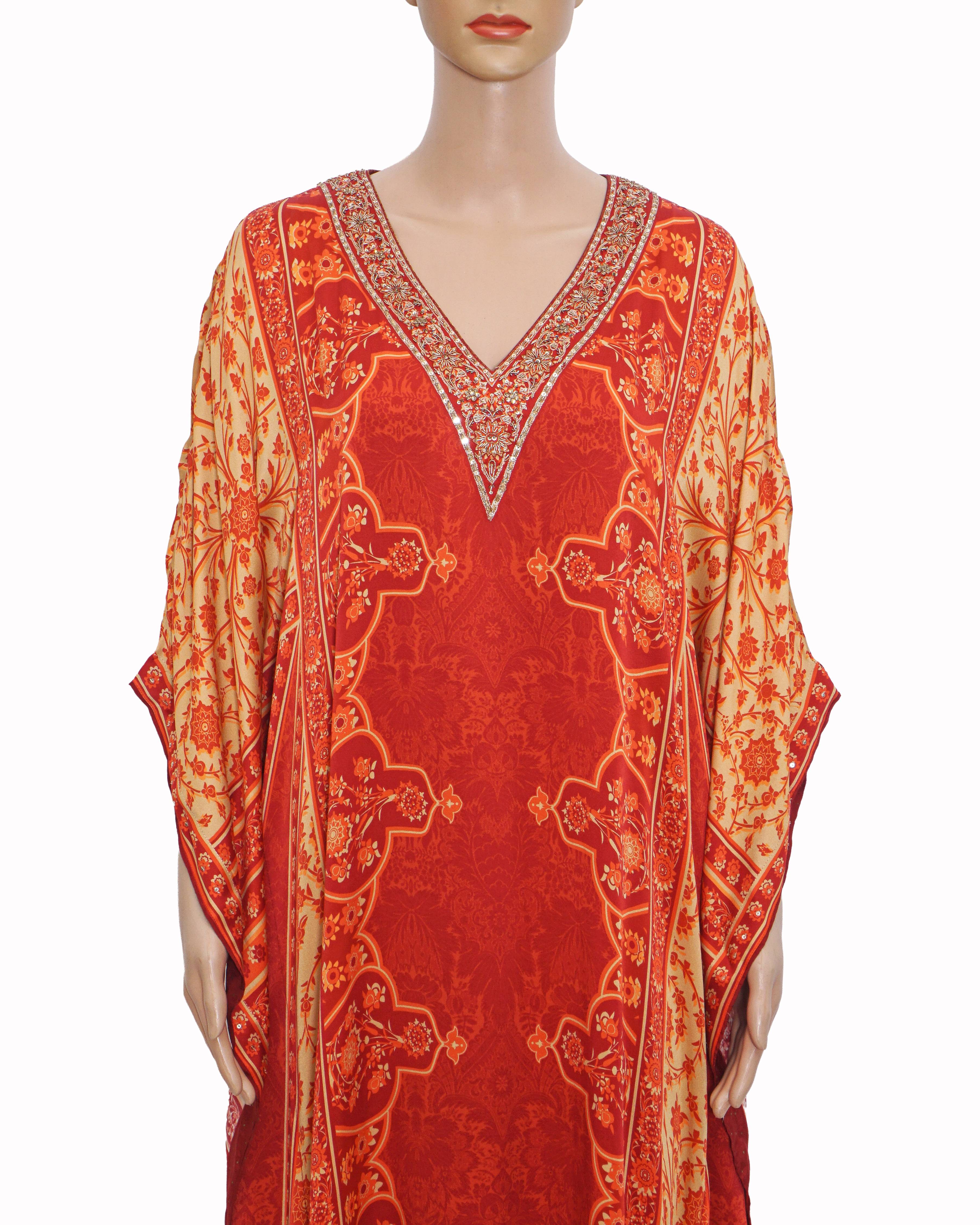 Ritu Kumar Red Silk Printed Geometric V Neck Villa Embroidered Kaftan