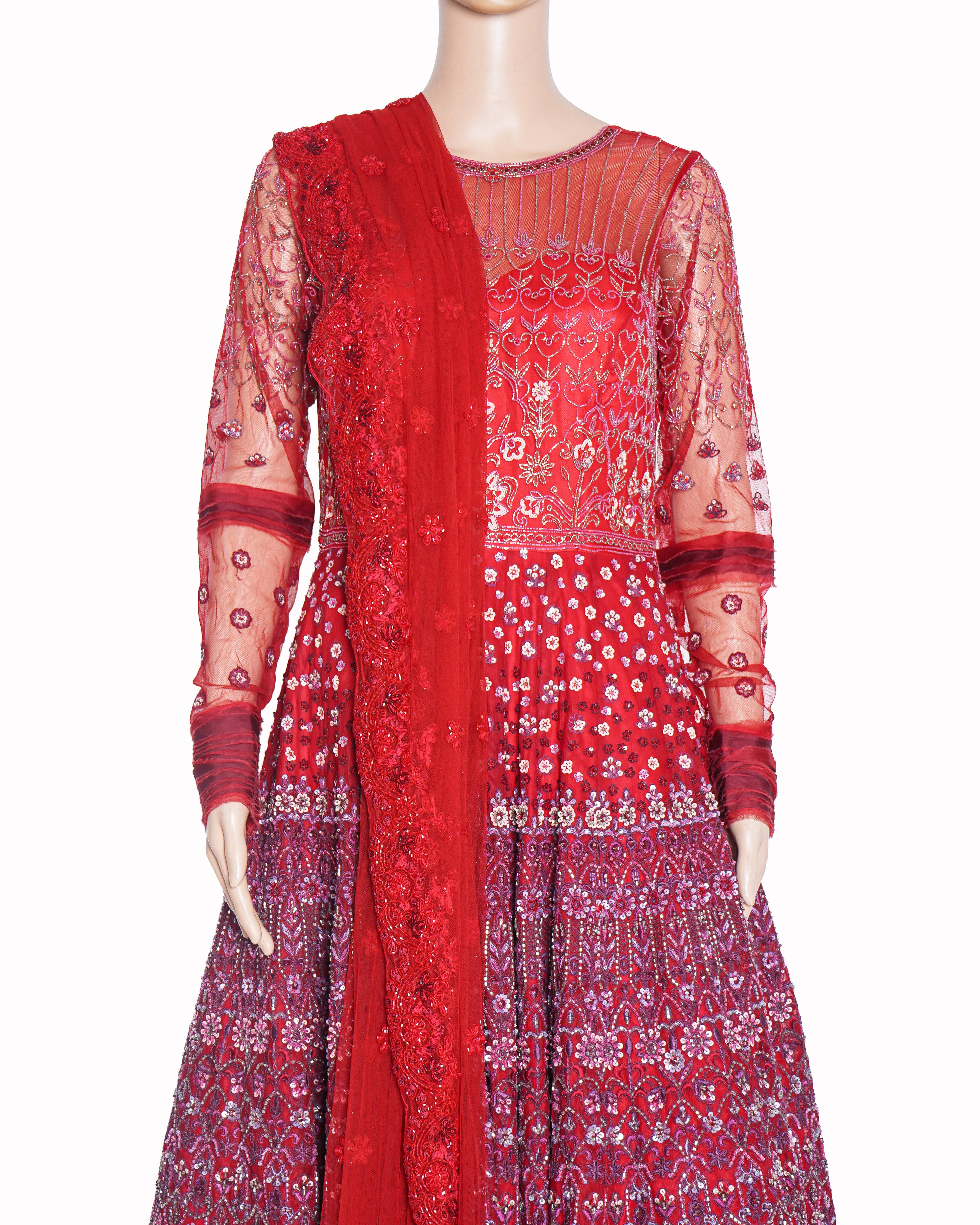 Jade By Monica & Karishma Red Embroidered Bridal Anarkali Gown With Dupatta