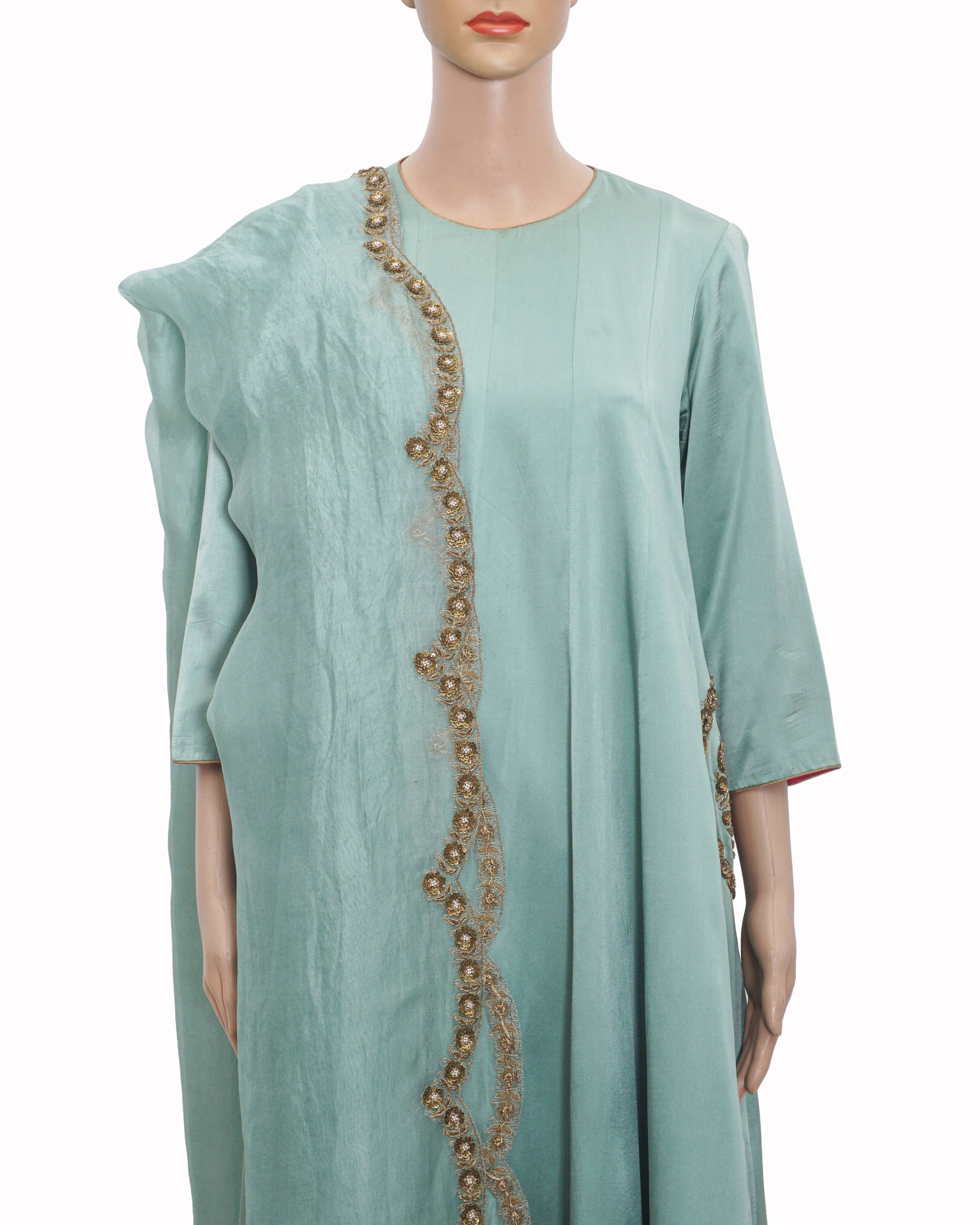 Raw Mango by Sanjay Garg Mint Green Zari Embroidered Silk Anarkali Set