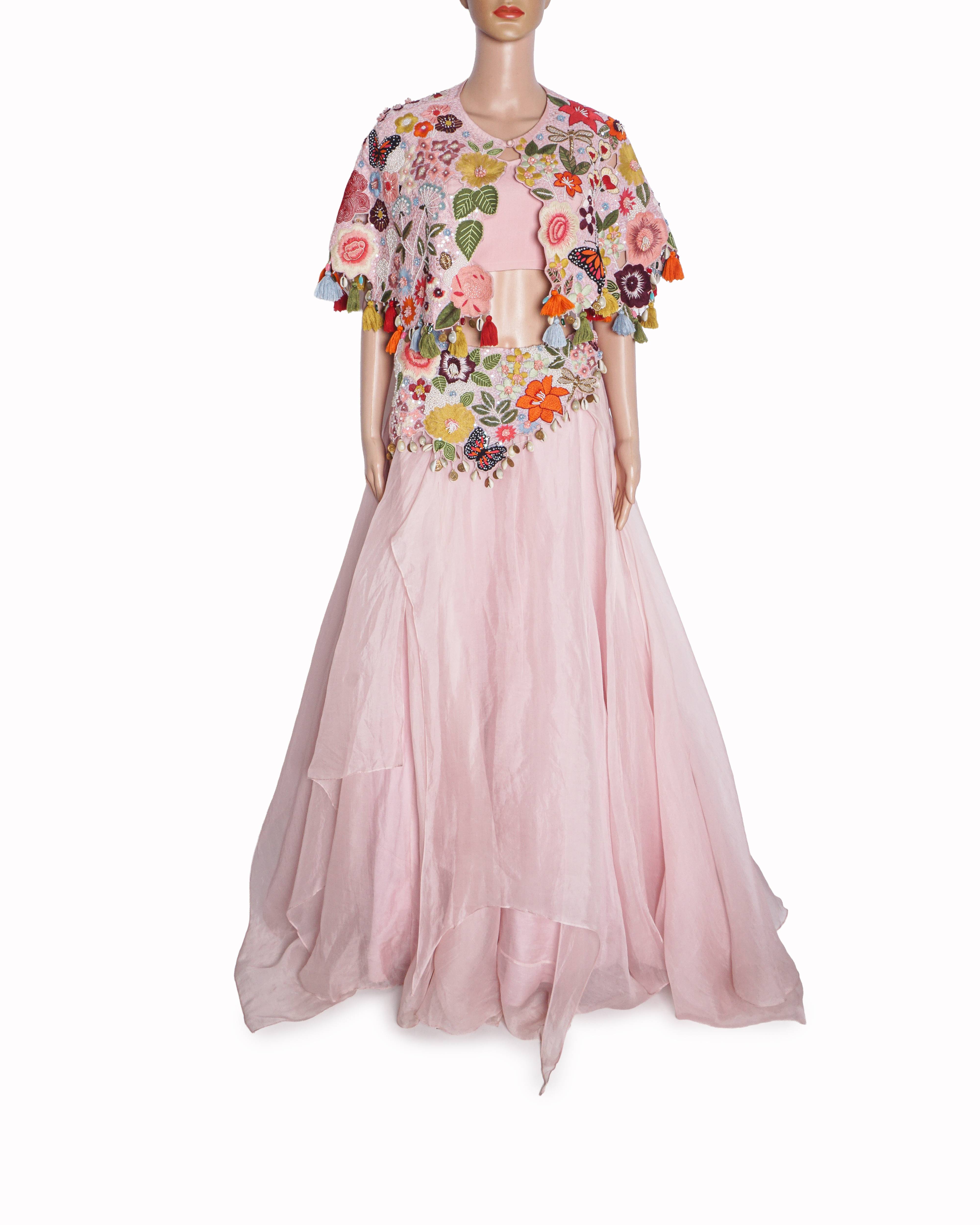 Gazal Gupta Pastel Pink Floral Hand-Embellished Cape Lehenga Set