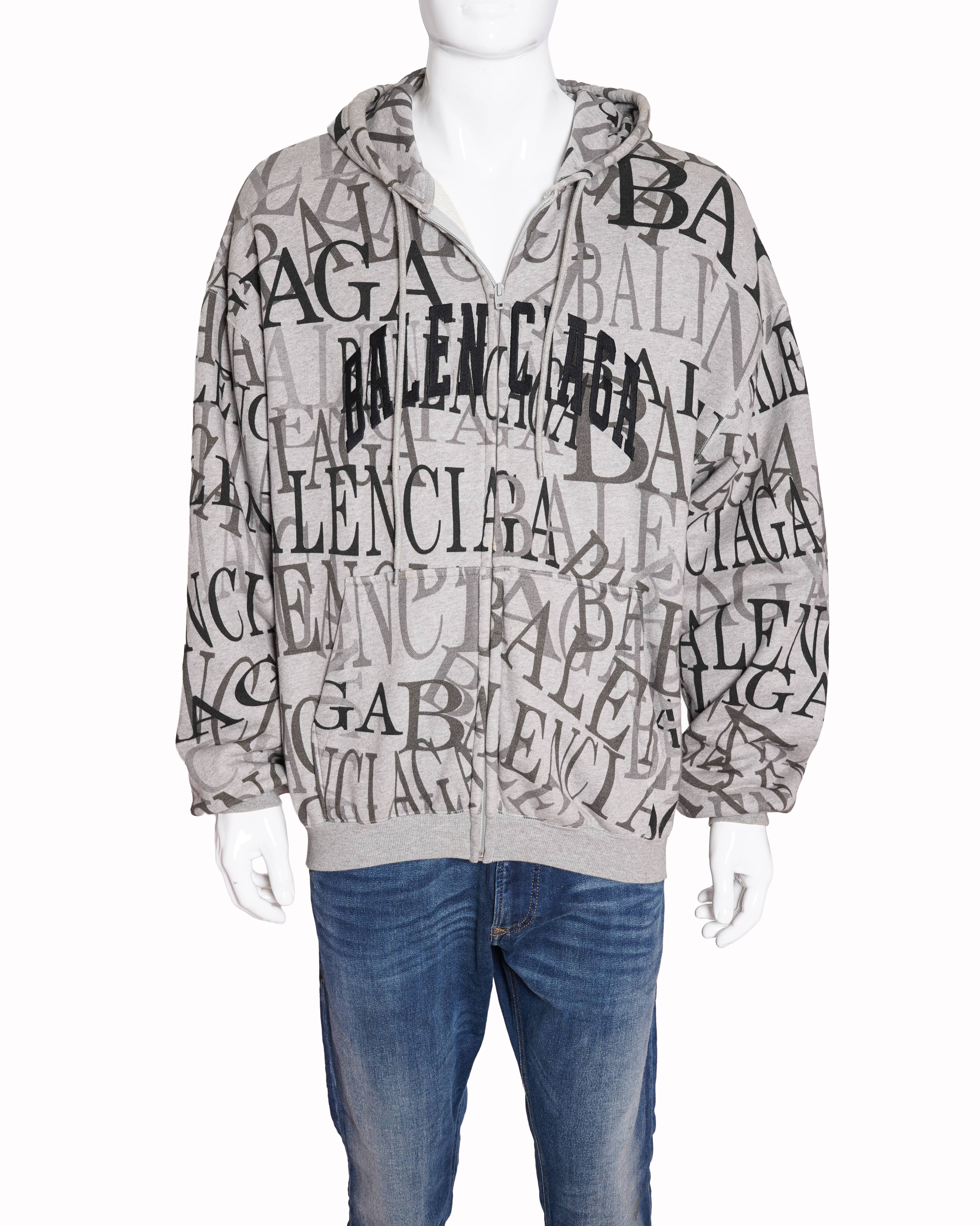 Balenciaga Allover Logo Zip-Up Hoodie in Grey