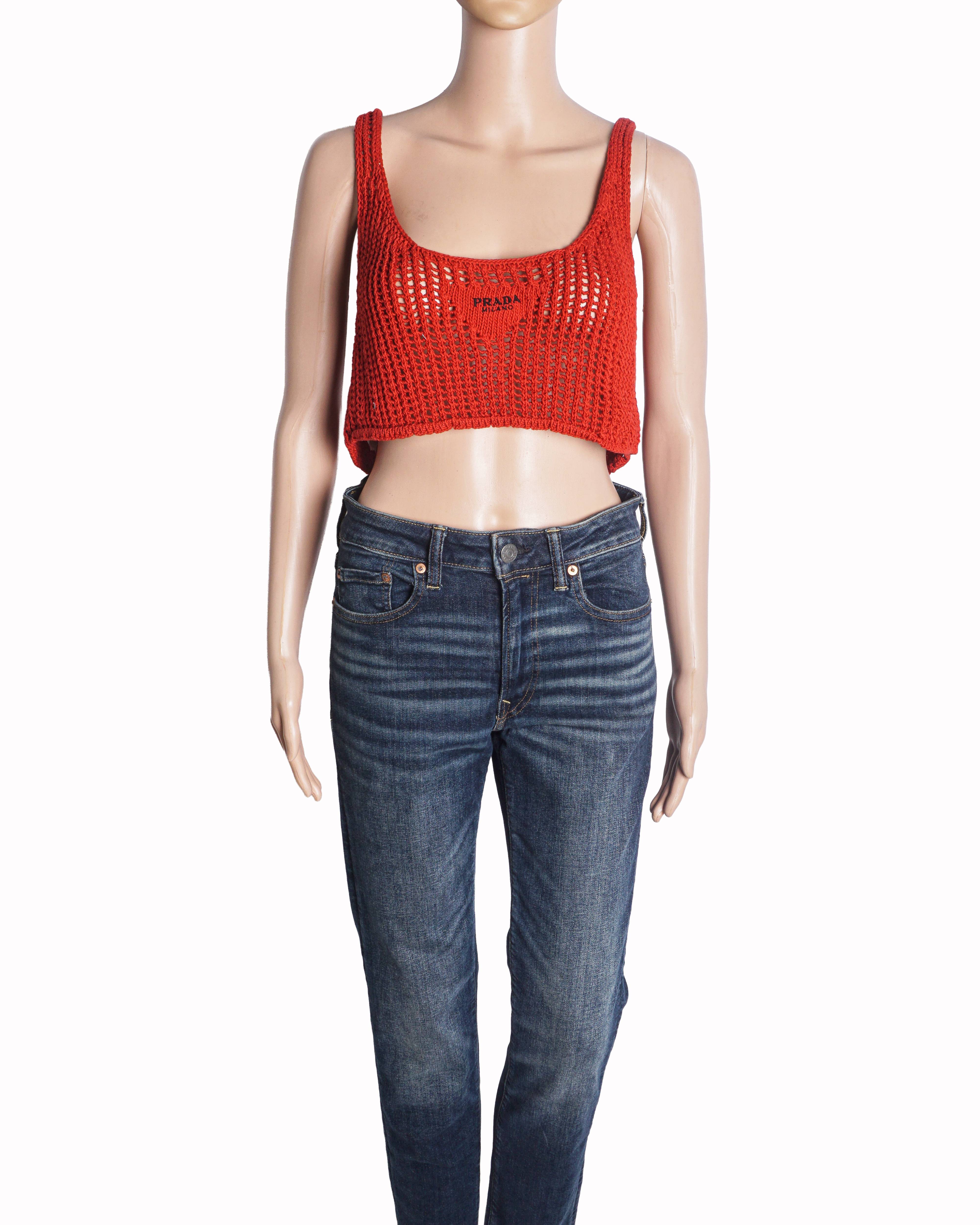 Prada Red Open-Work Knit Crop Top
