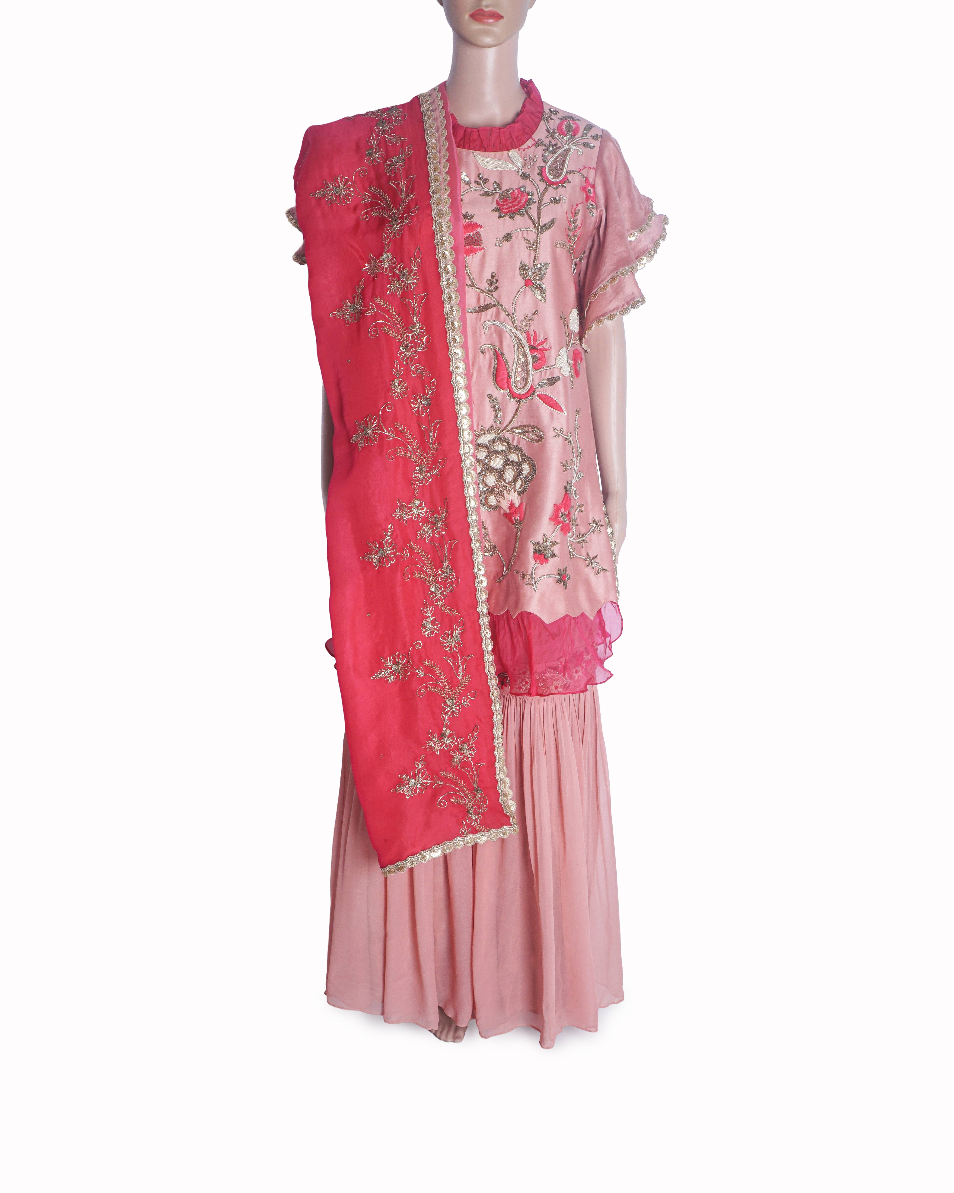 Gazal Gupta Coral Pink Floral Embroidered Sharara Set
