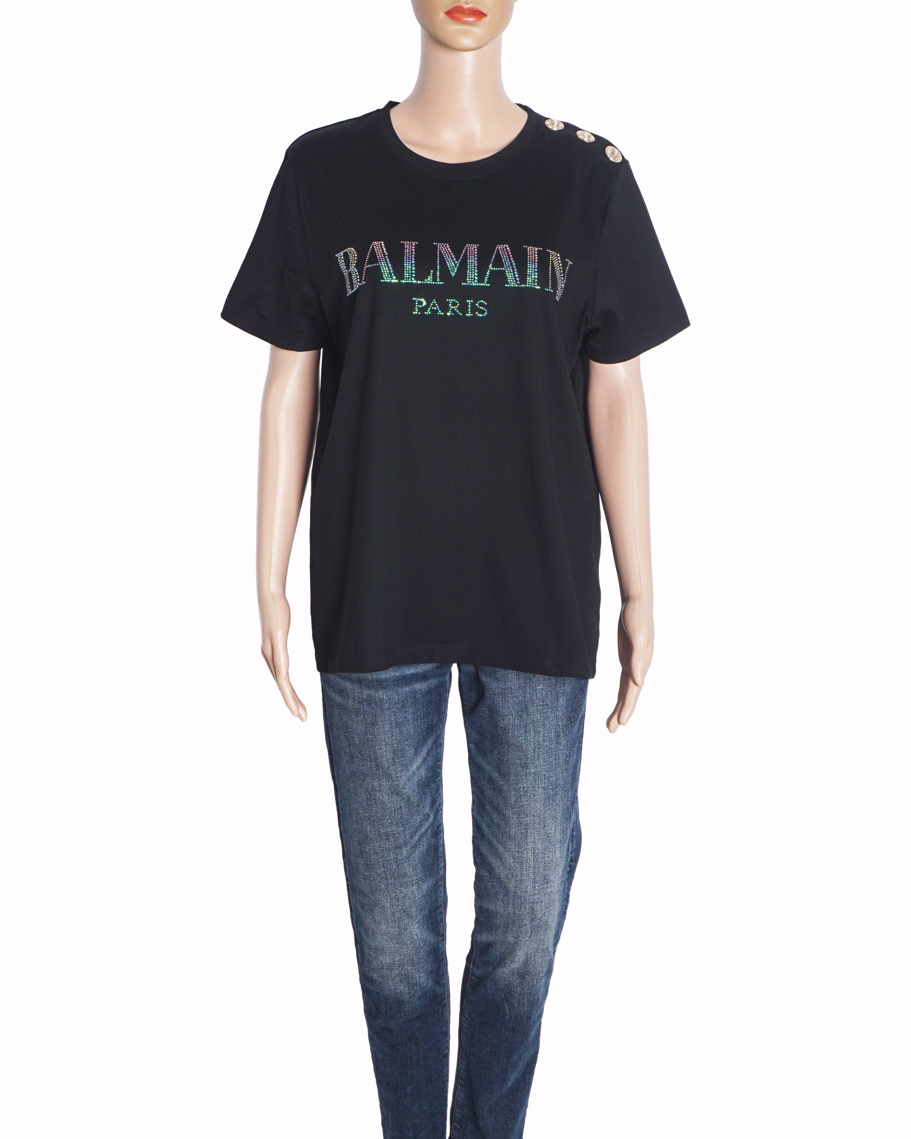 Balmain Black Cotton Rhinestone Logo T-Shirt
