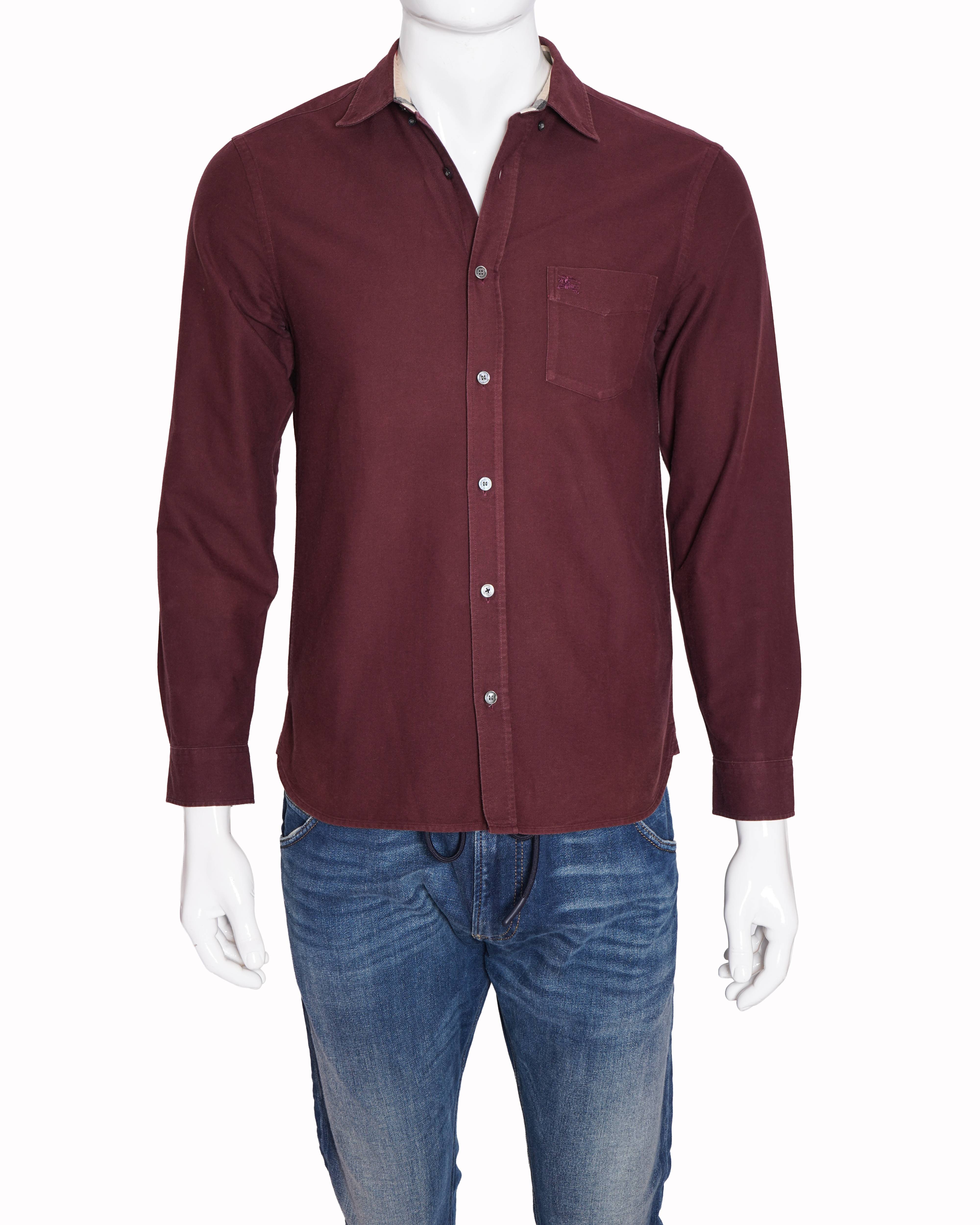 Burberry Burgundy Long-Sleeve Cotton Shirt with House Check Trim