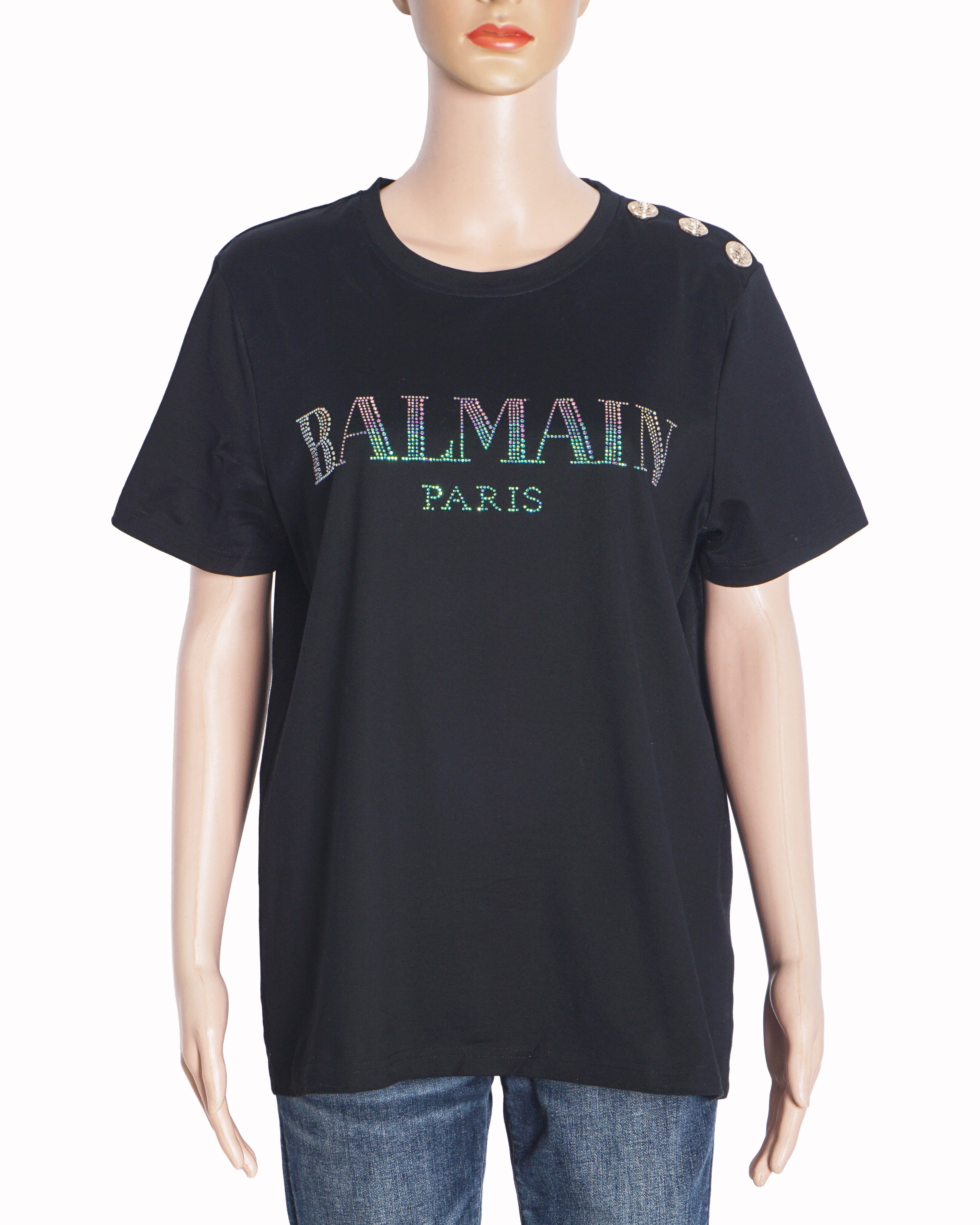 Balmain Black Cotton Rhinestone Logo T-Shirt