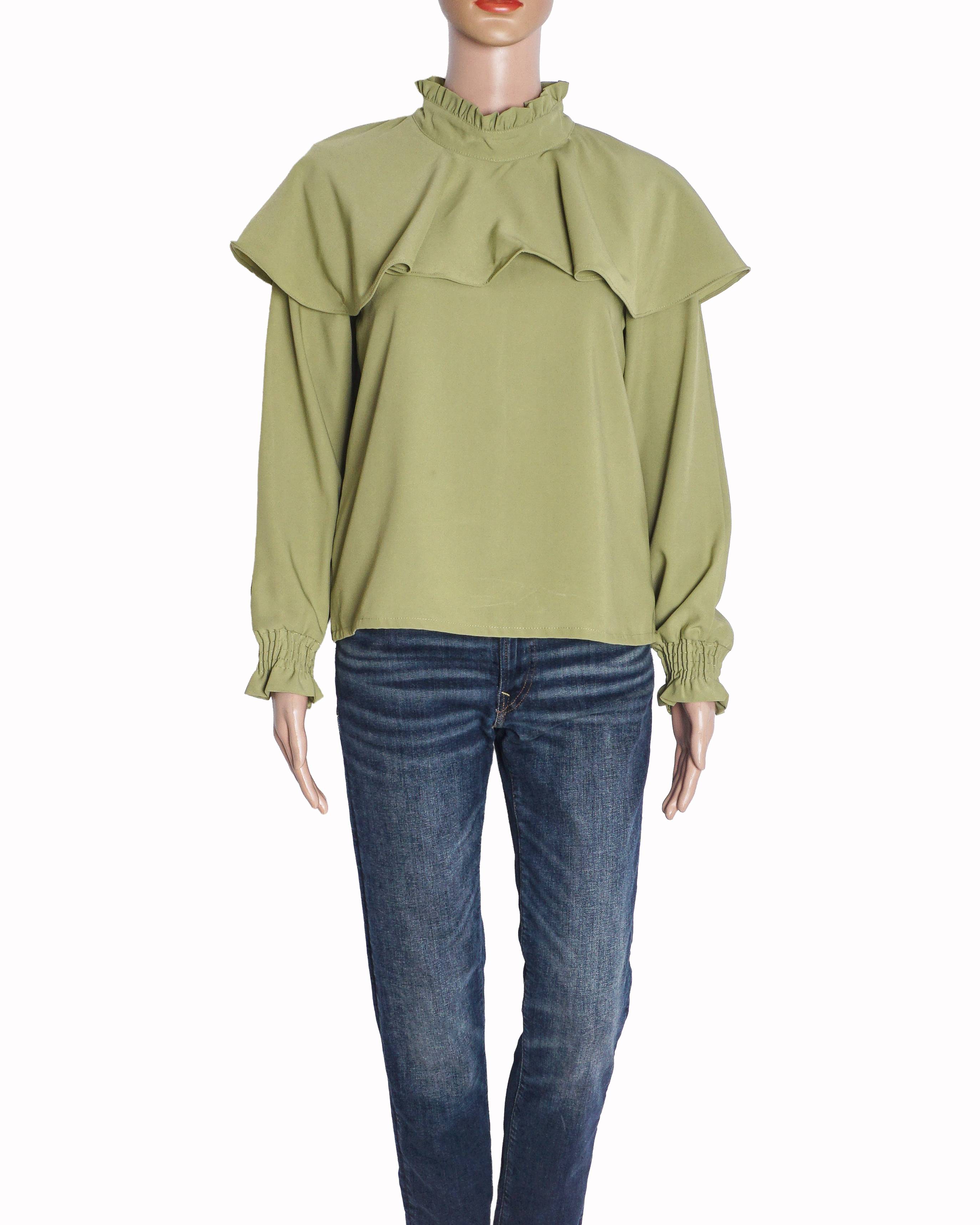 Dolce & Gabbana Sage Green Silk Ruffled High-Neck Top