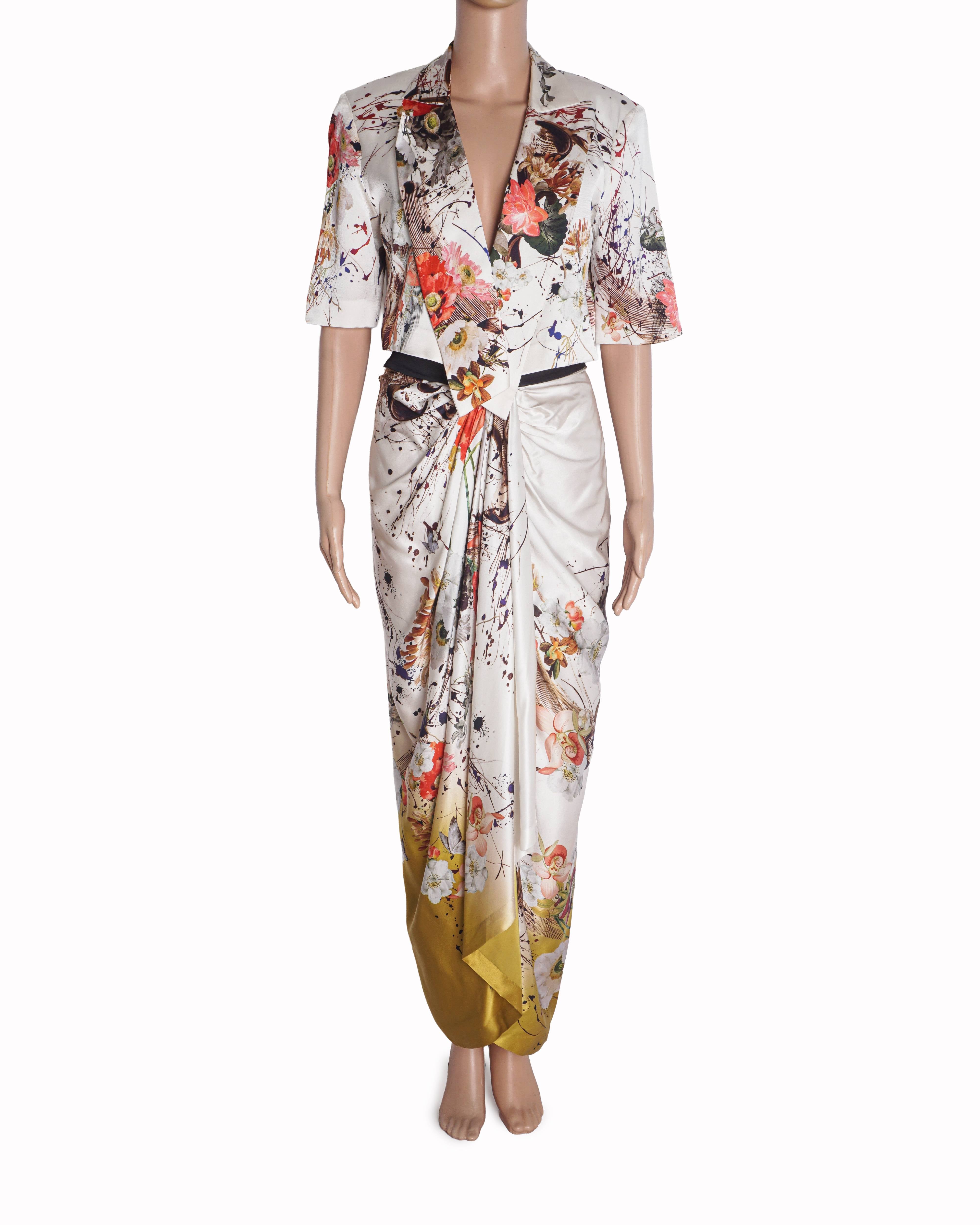 AK-OK by Anamika Khanna White Printed Cropped Jacket & Draped Skirt Set