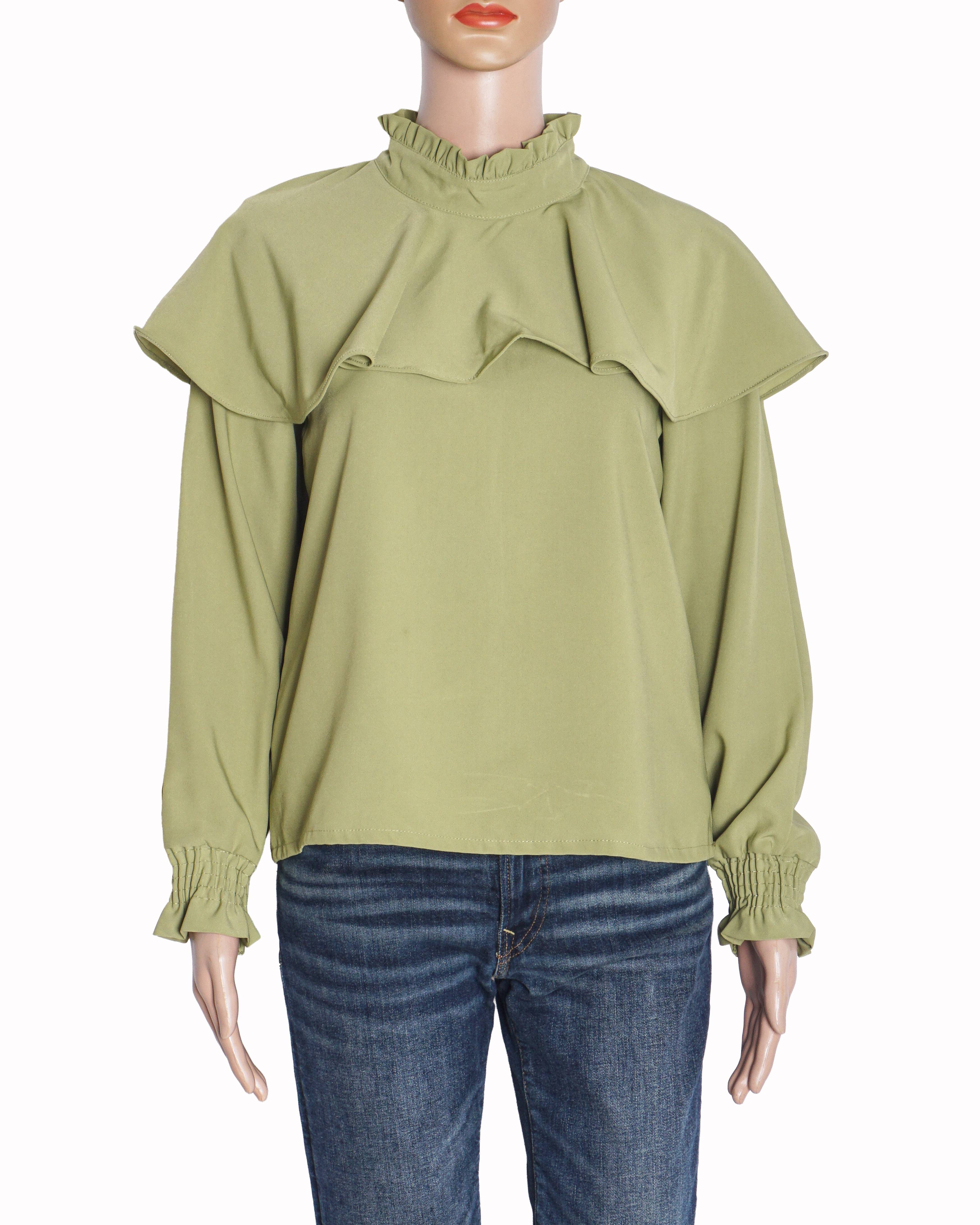 Dolce & Gabbana Sage Green Silk Ruffled High-Neck Top