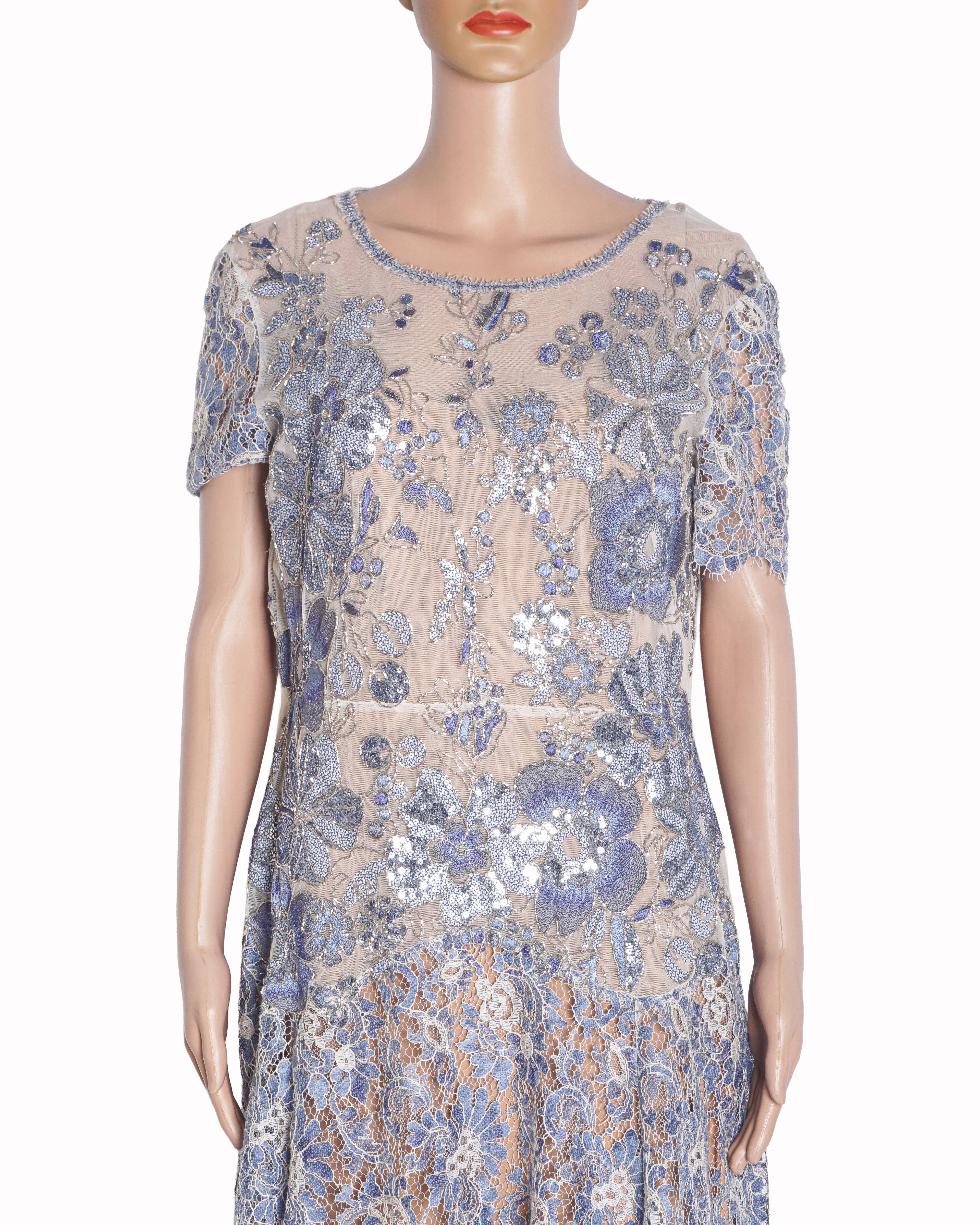 Jenny Packham Light Blue Floral Embroidered Lace Dress