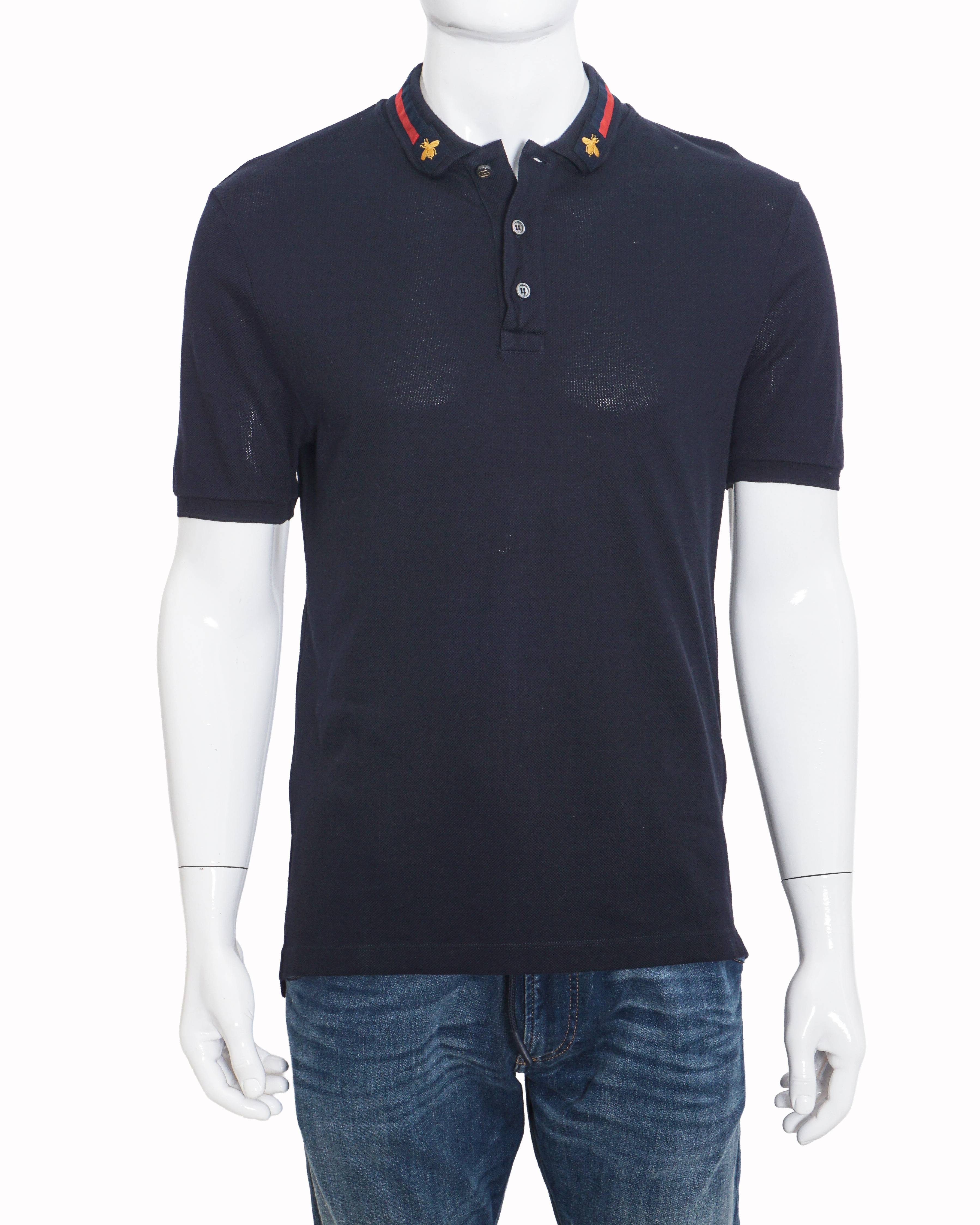 Gucci Navy Blue Web Stripe & Embroidered Bee Polo T-Shirt