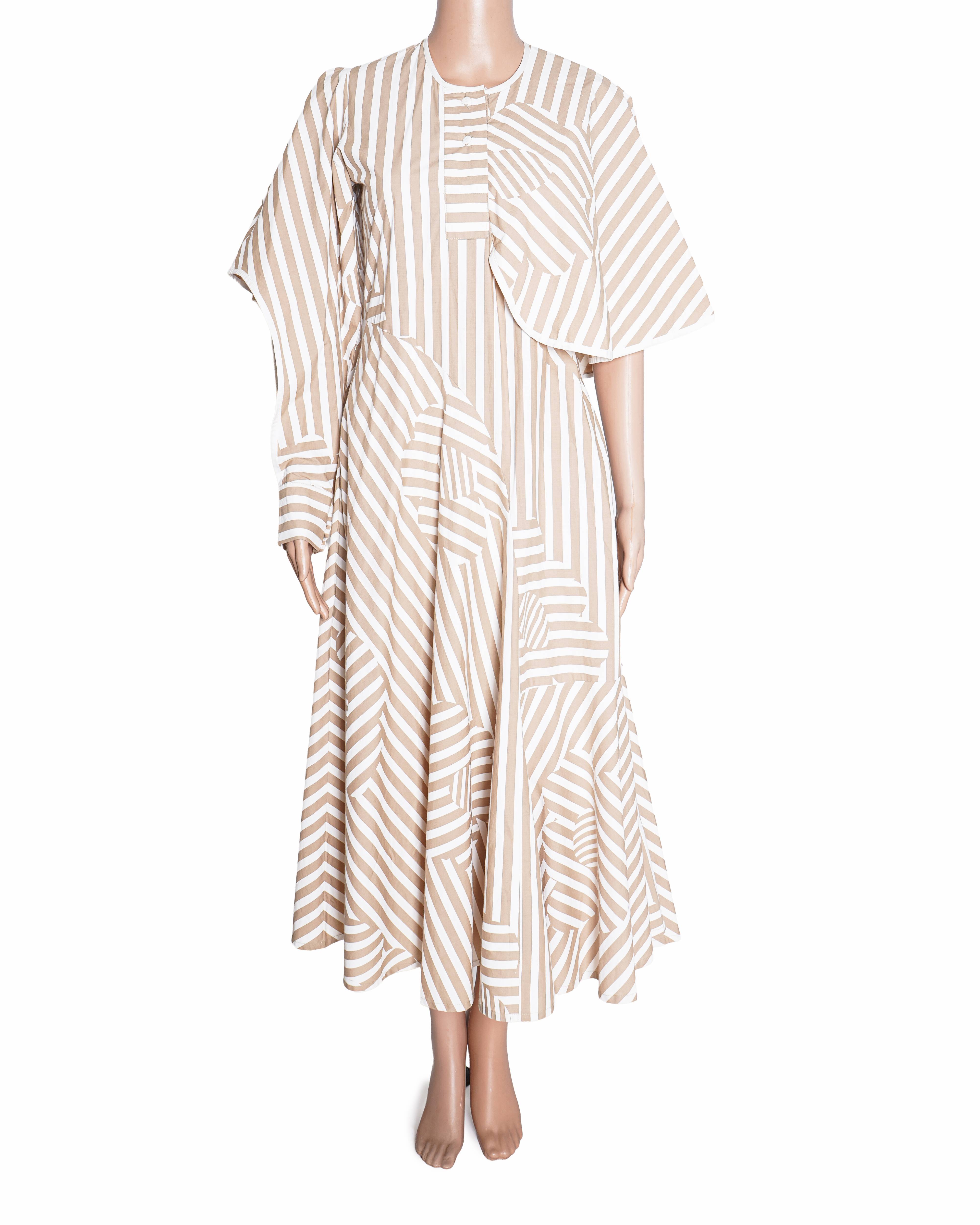 Lovebirds Stripe Asymmetric Midi Dress In White & Beige