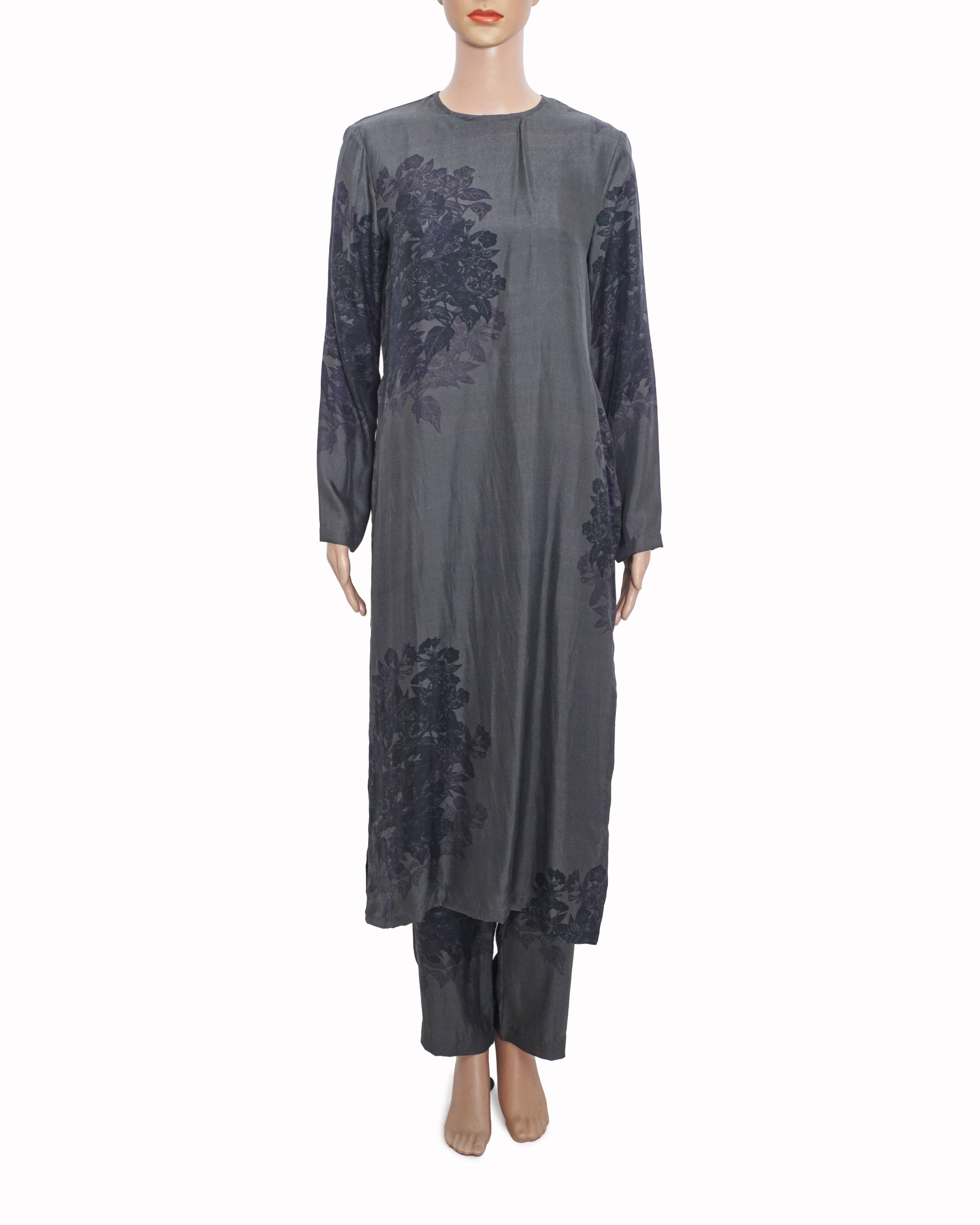 Raw Mango By Sanjay Garg Slate Grey Floral Jacquard Silk Tunic Set