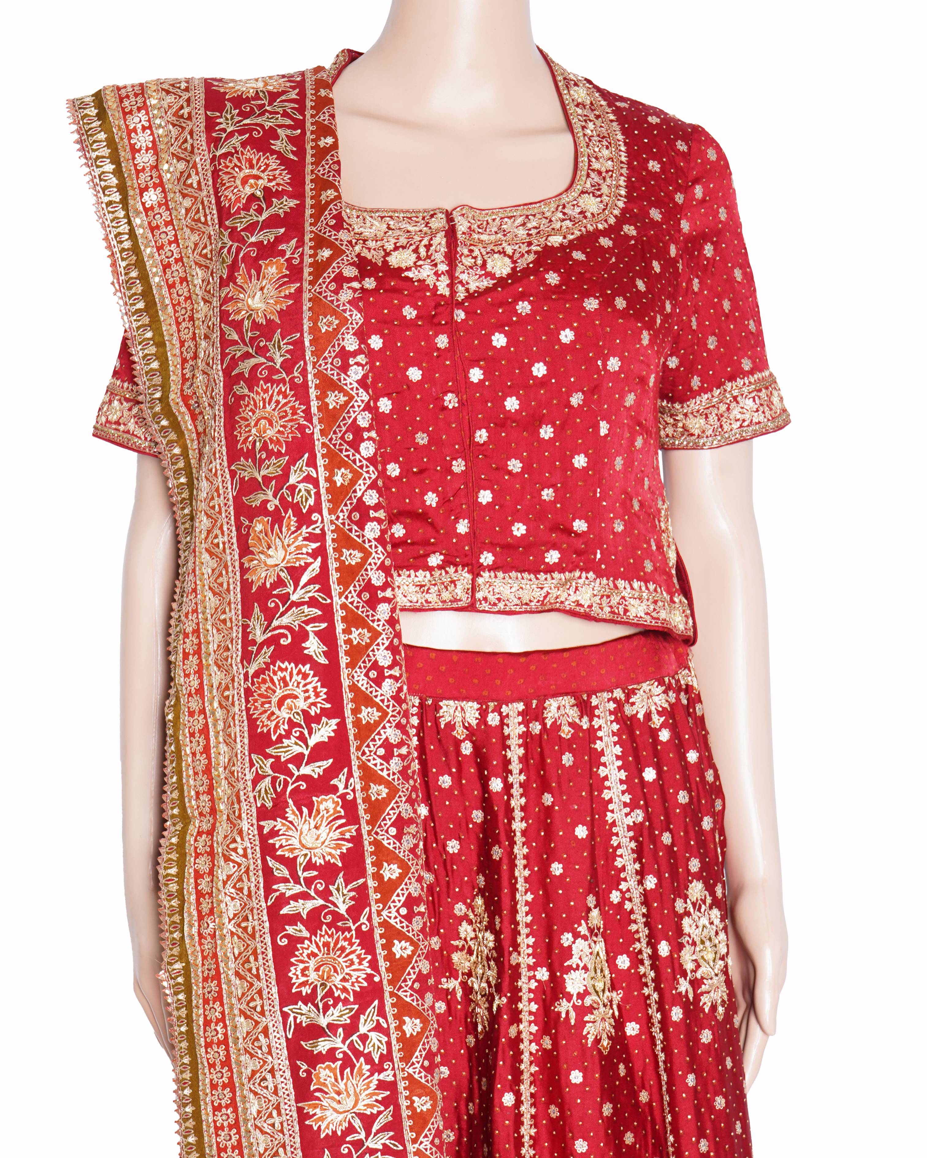Ritu Kumar Bridal Lehenga Set In red WIth Floral Embroidered Detail