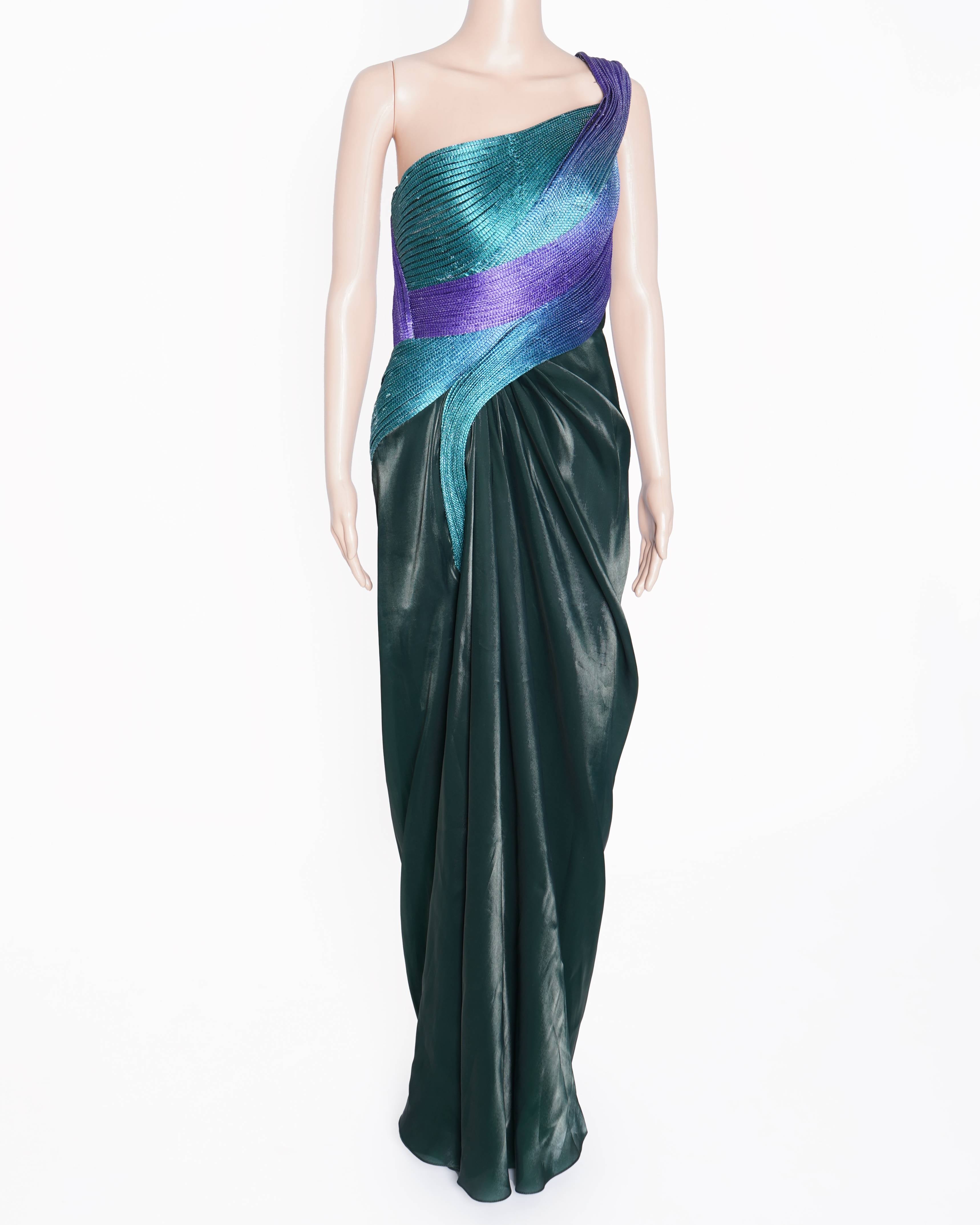 Amit Aggarwal emerald and purple metallic polymer gown