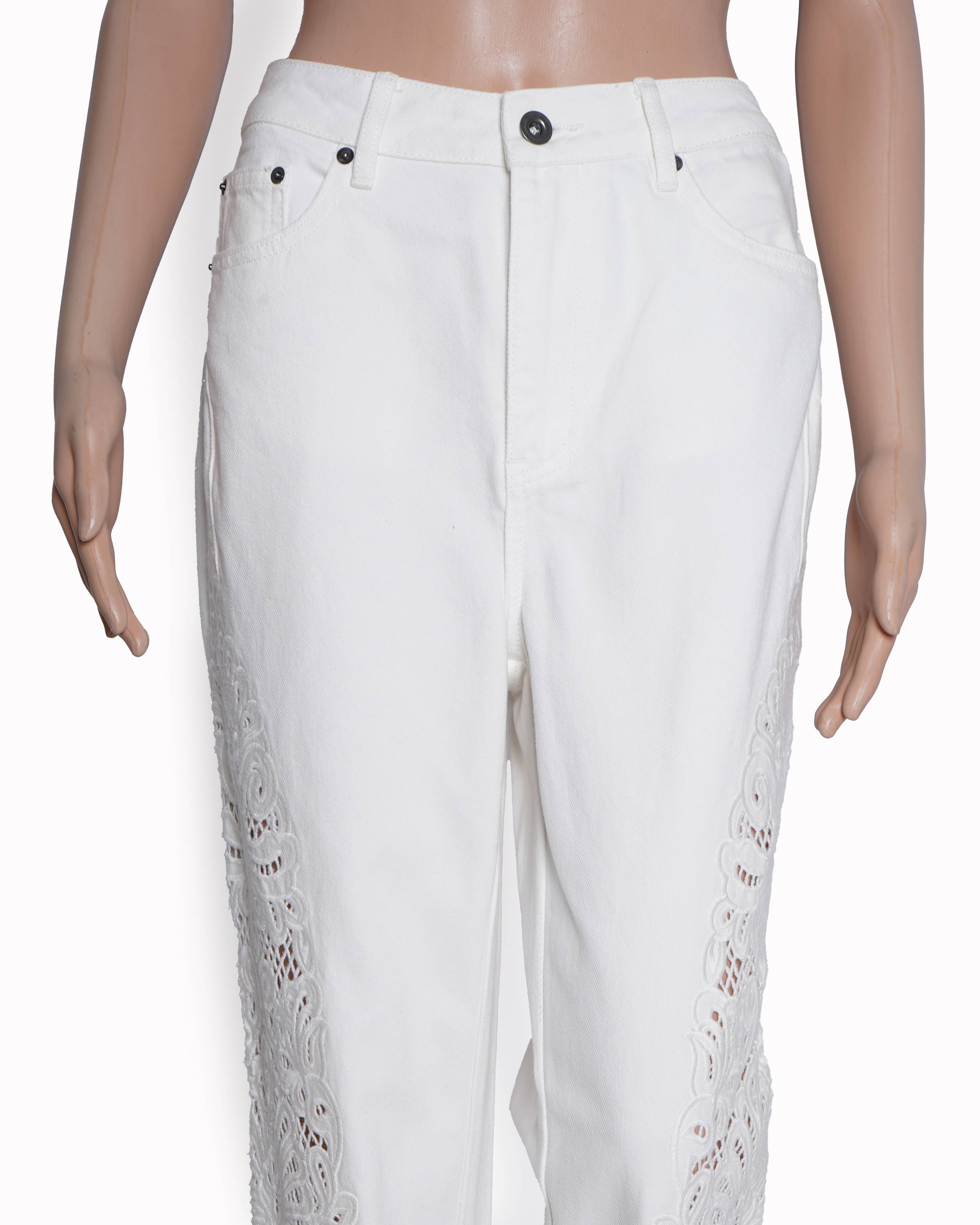 Self-Potrait Embroidered Cotton Wide Leg Jeans