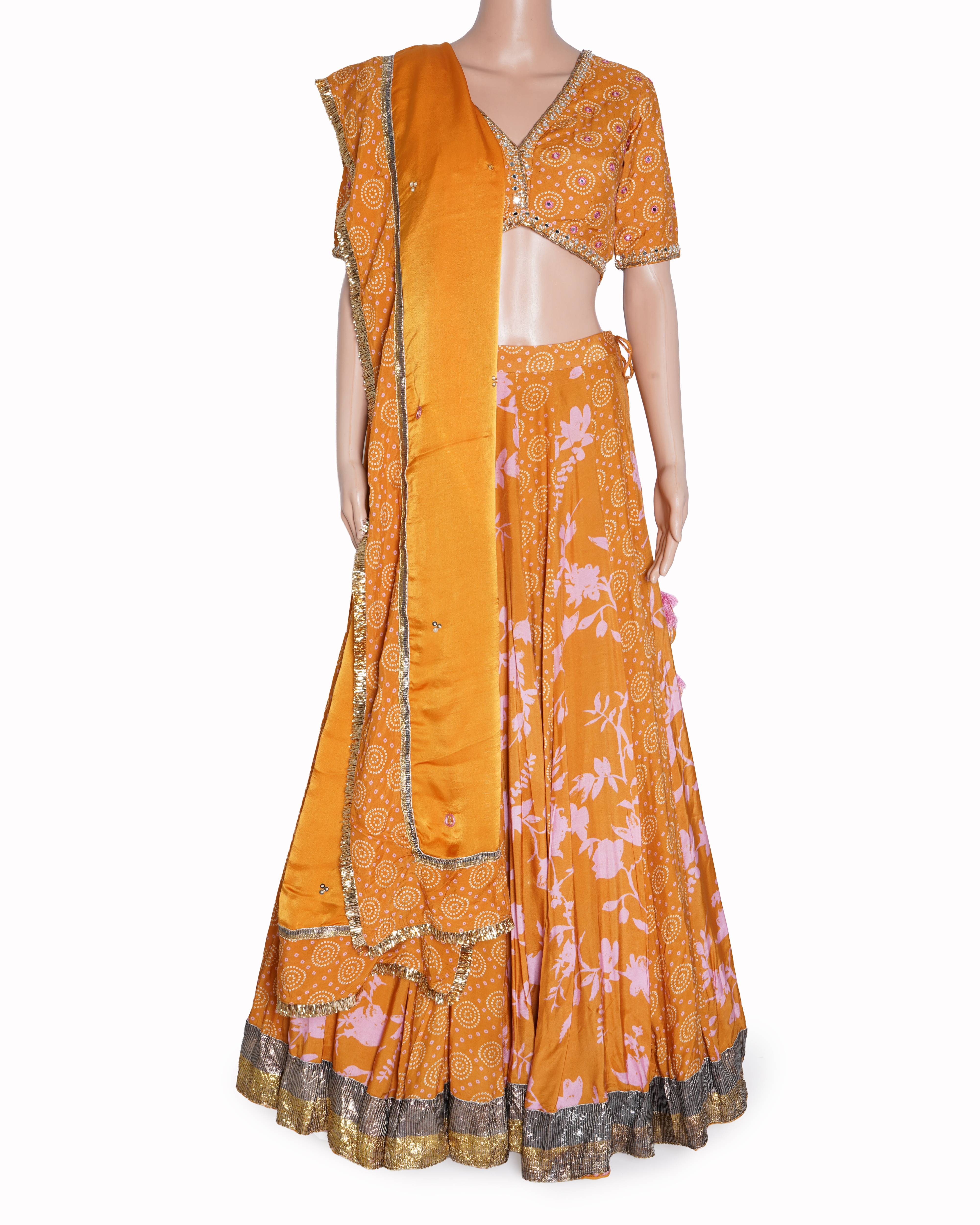 New Ridhiee Suuri Rangreza 2.0 Bandhani Mustard Lehenga with Embroidered Blouse and Satin Silk Dupatta Set of 3