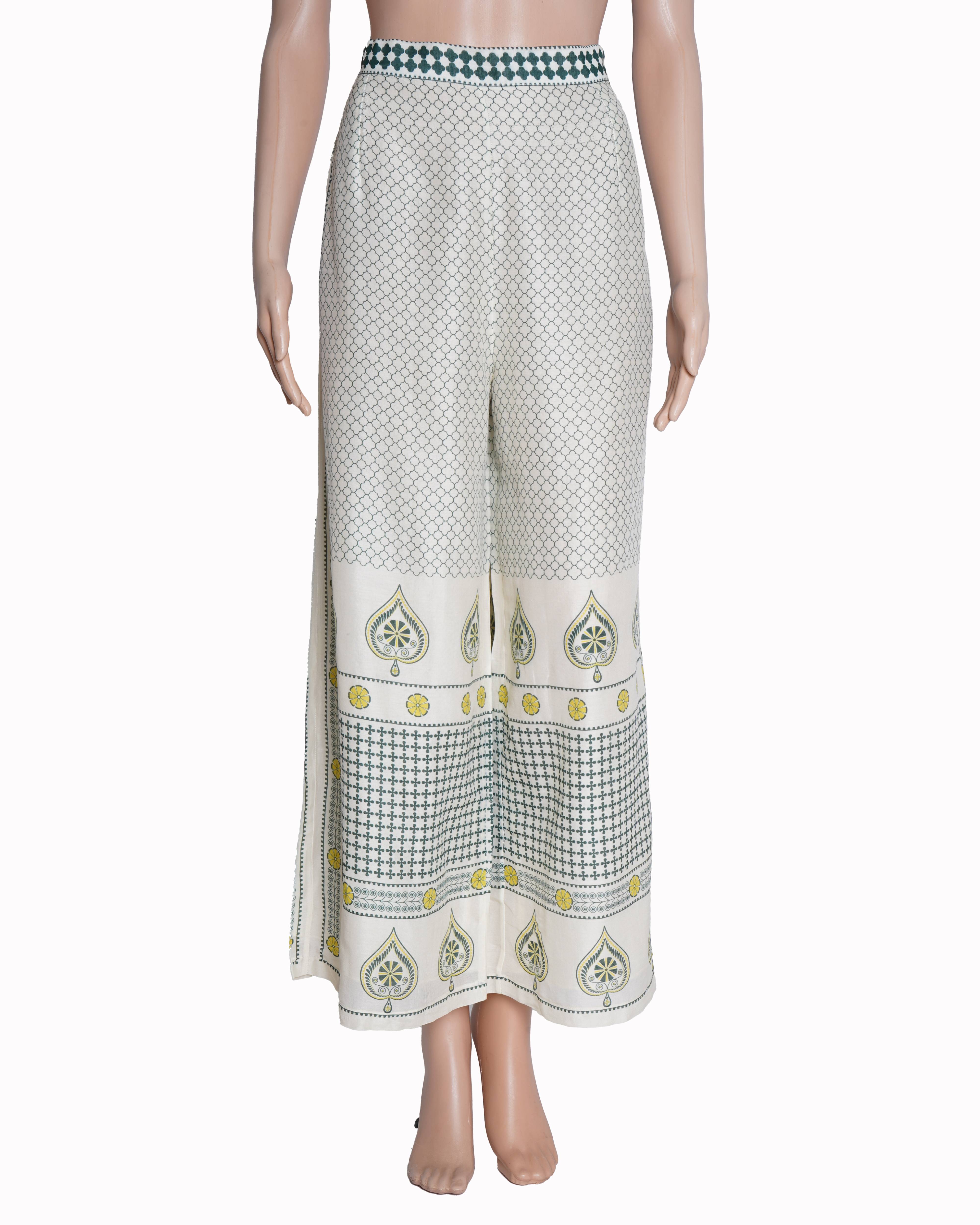 AMPM Ivory & Sage Green Printed Wide-Leg Trousers