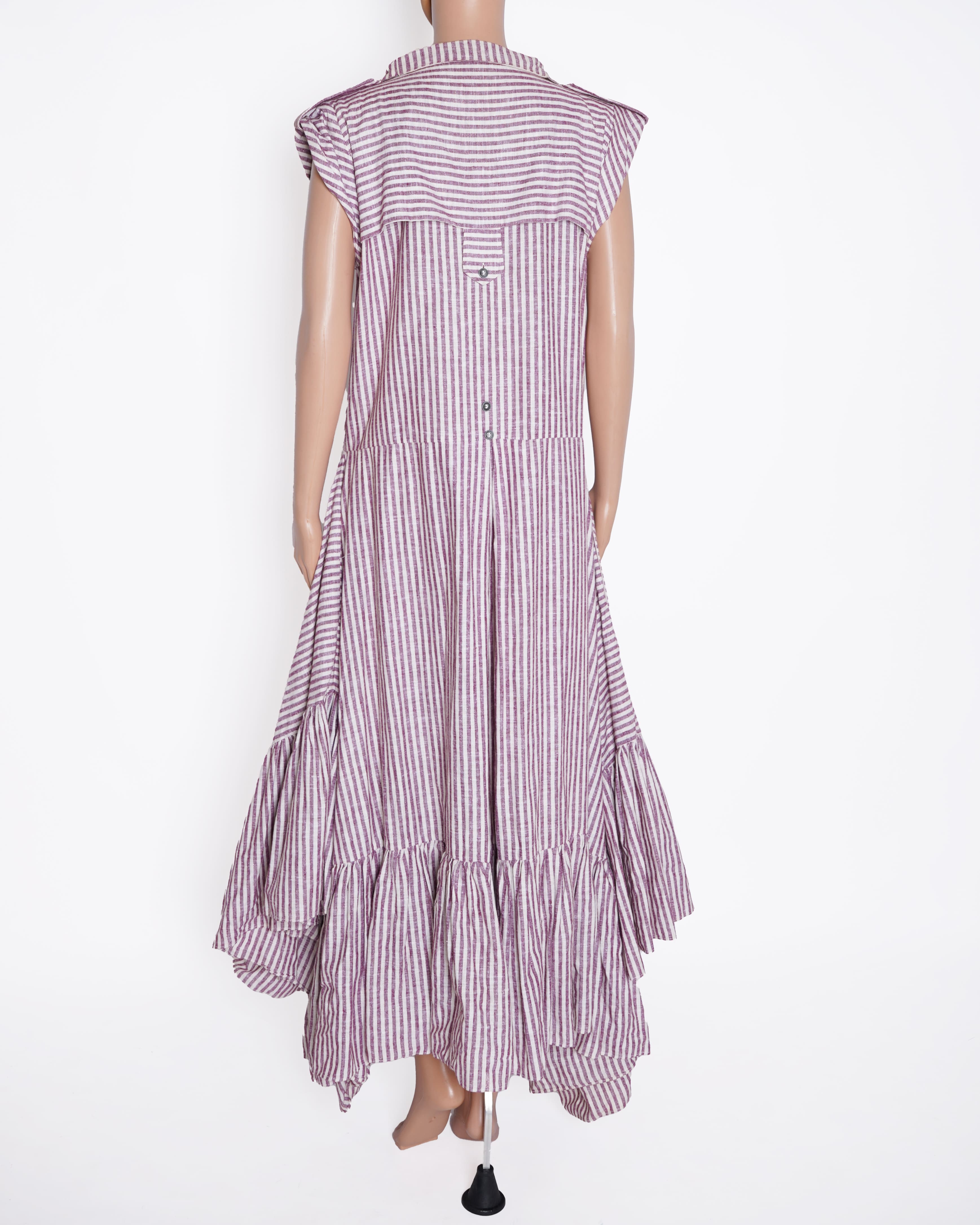 Chola Vertical Stripes Asymmetric Dress With Frill Detailing