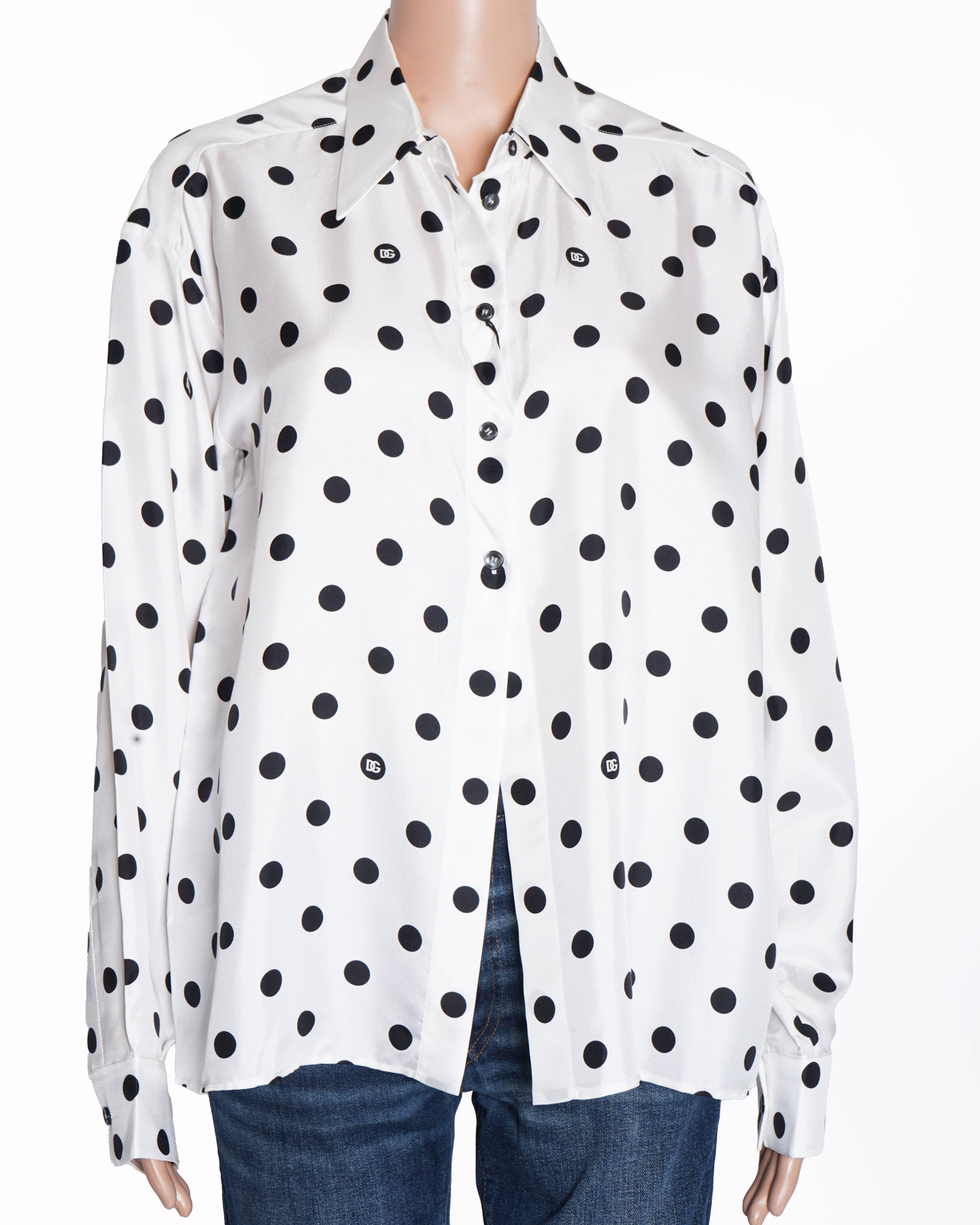 New Dolce & Gabbana White Full Sleeve Shirt With Black Polka Dot