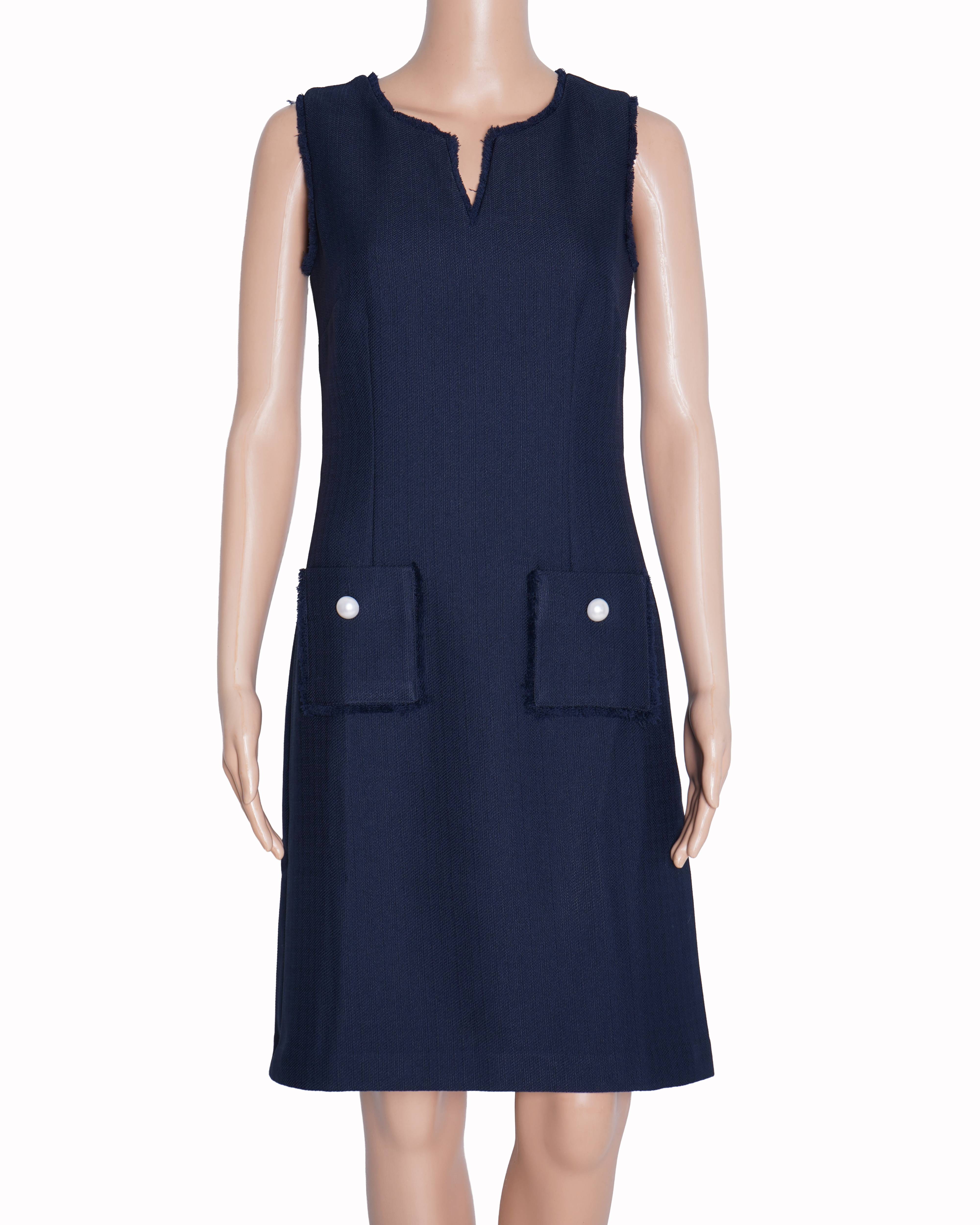 Karl Lagerfeld Paris Navy Blue Tweed Sleeveless Fringe Sheath Dress