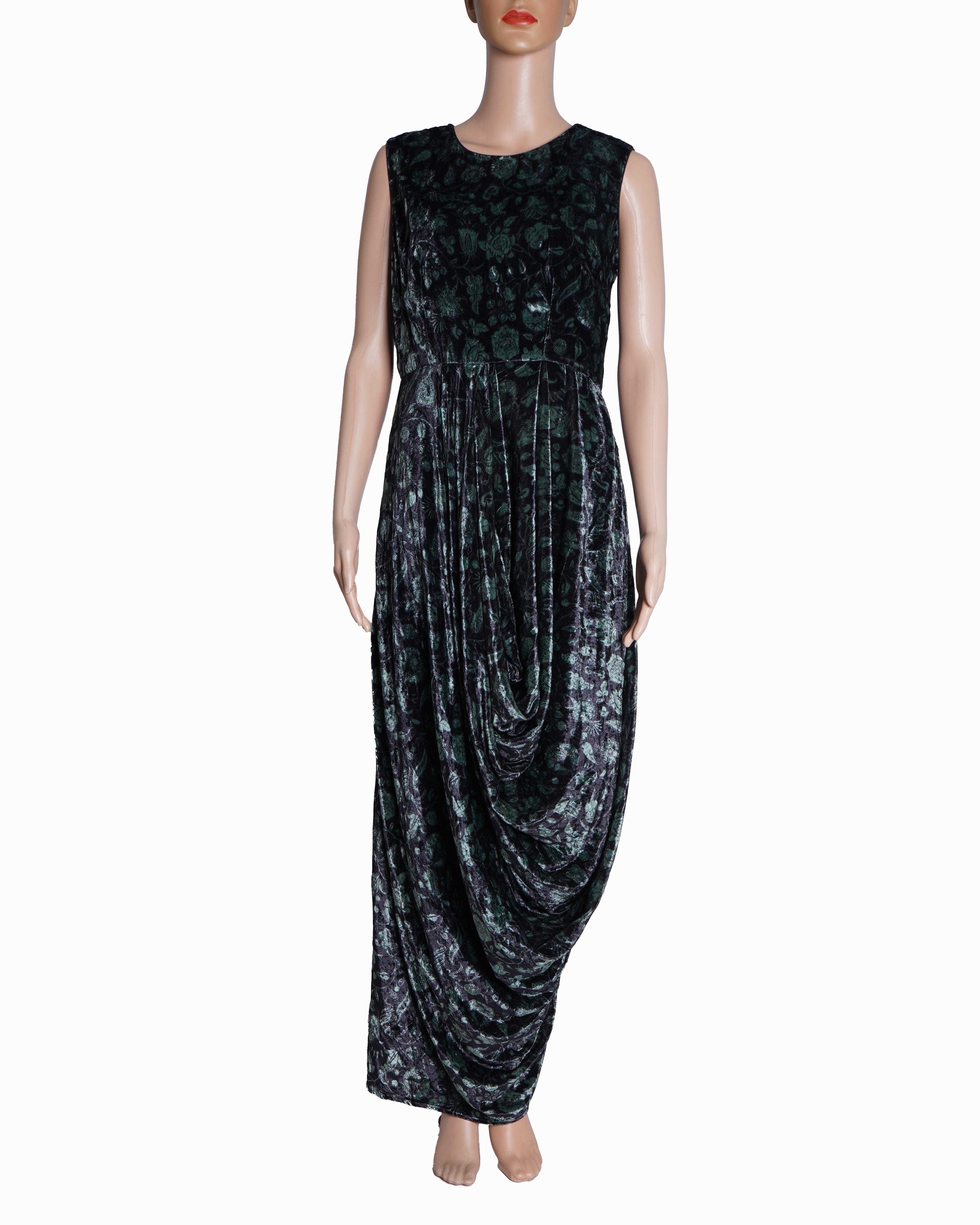 Ritu Kumar Black Silk Velvet Round Printed Draped Dress