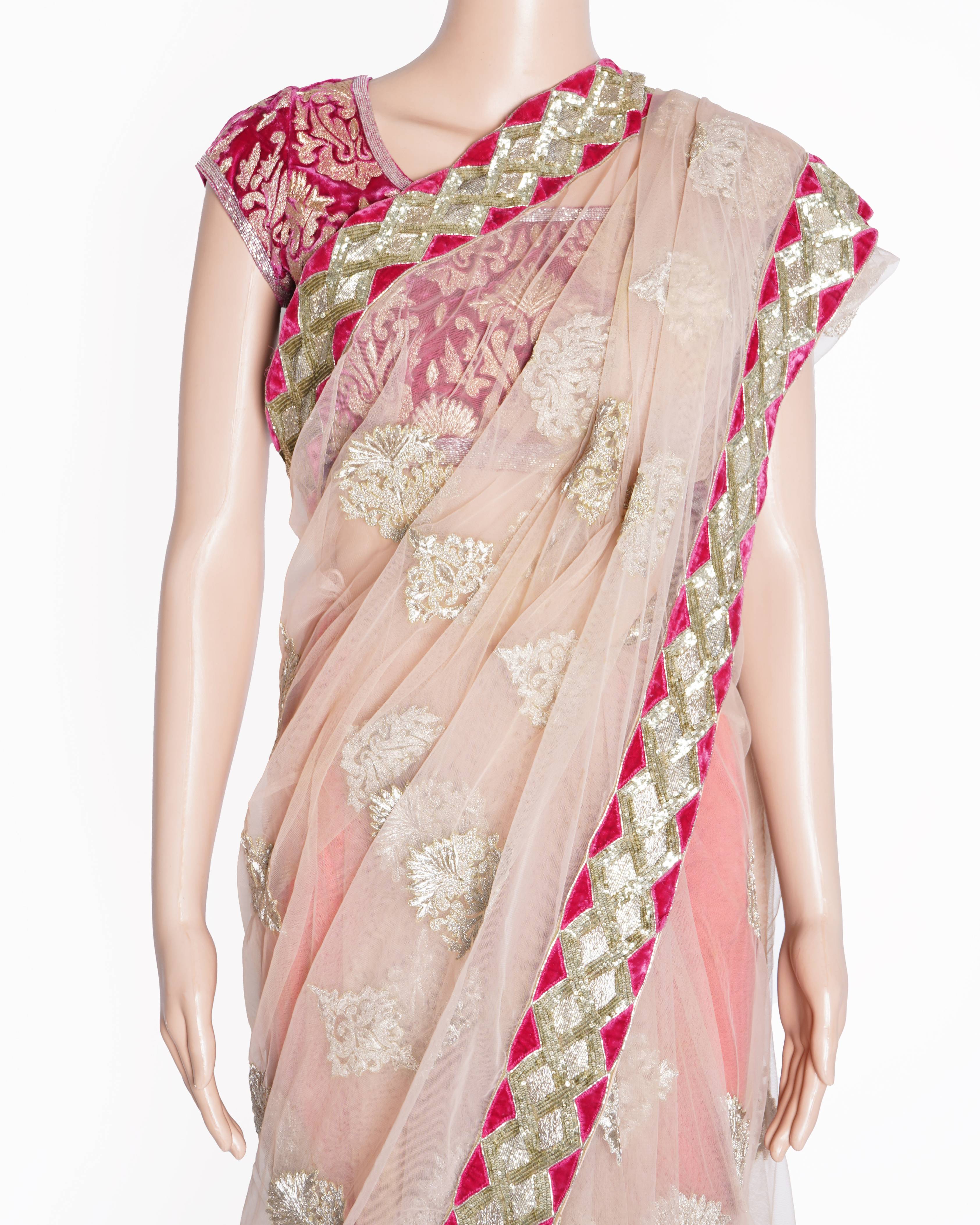 Varun bahl pink embroidered net saree With Blouse