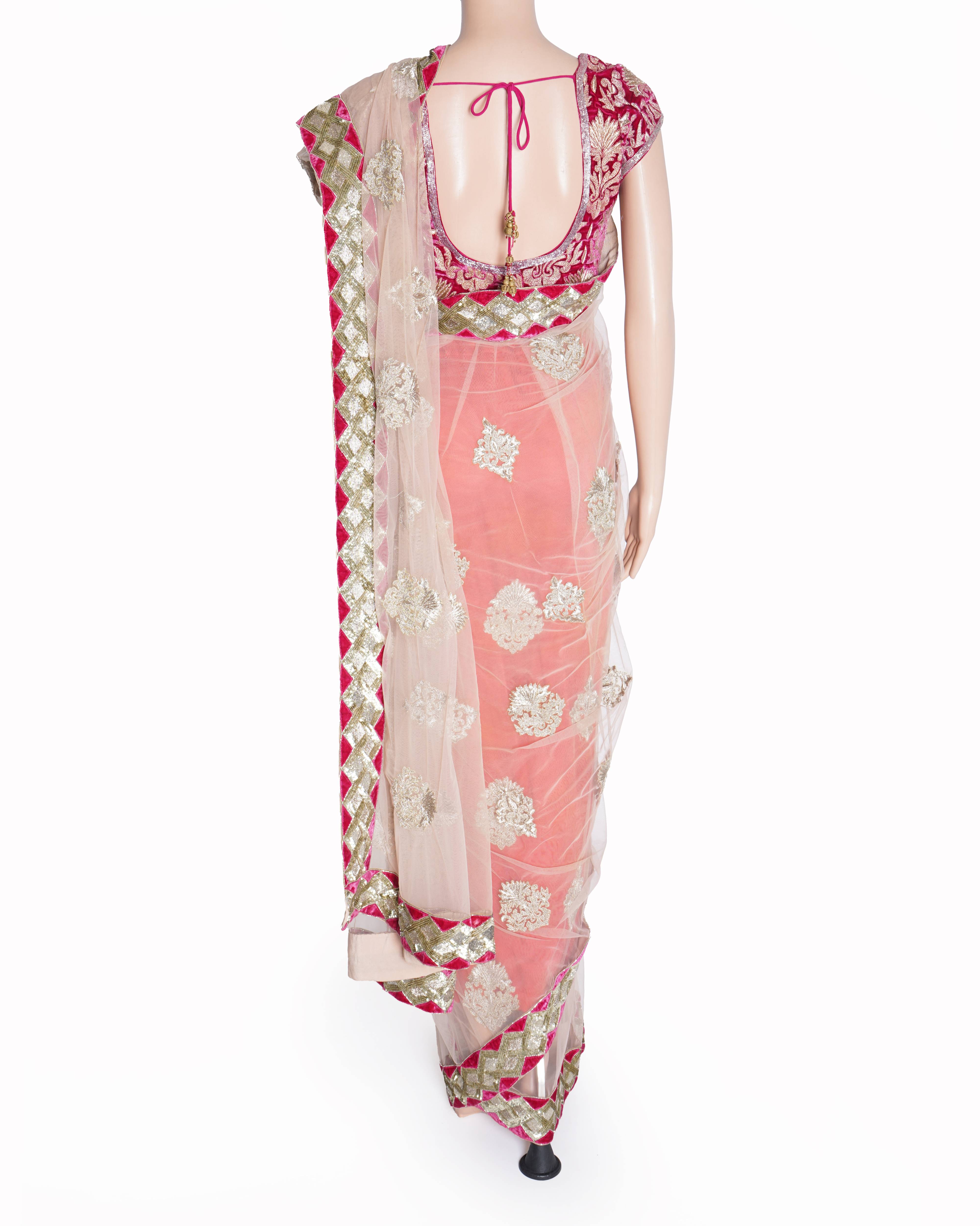 Varun bahl pink embroidered net saree With Blouse