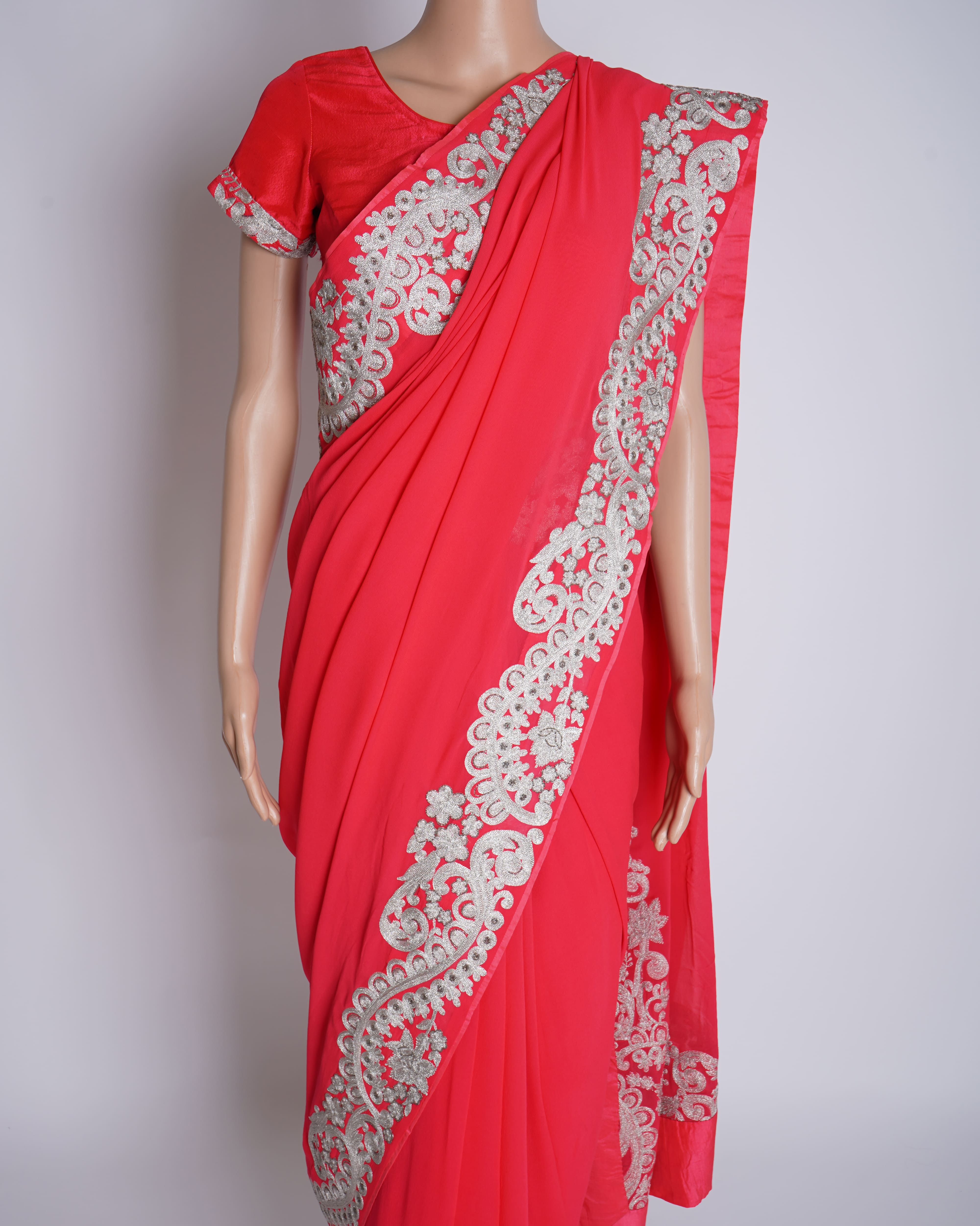 Pankaj & Nidhi Bordered Cherry Pink Saree With Pre-stitched 2 Blouses