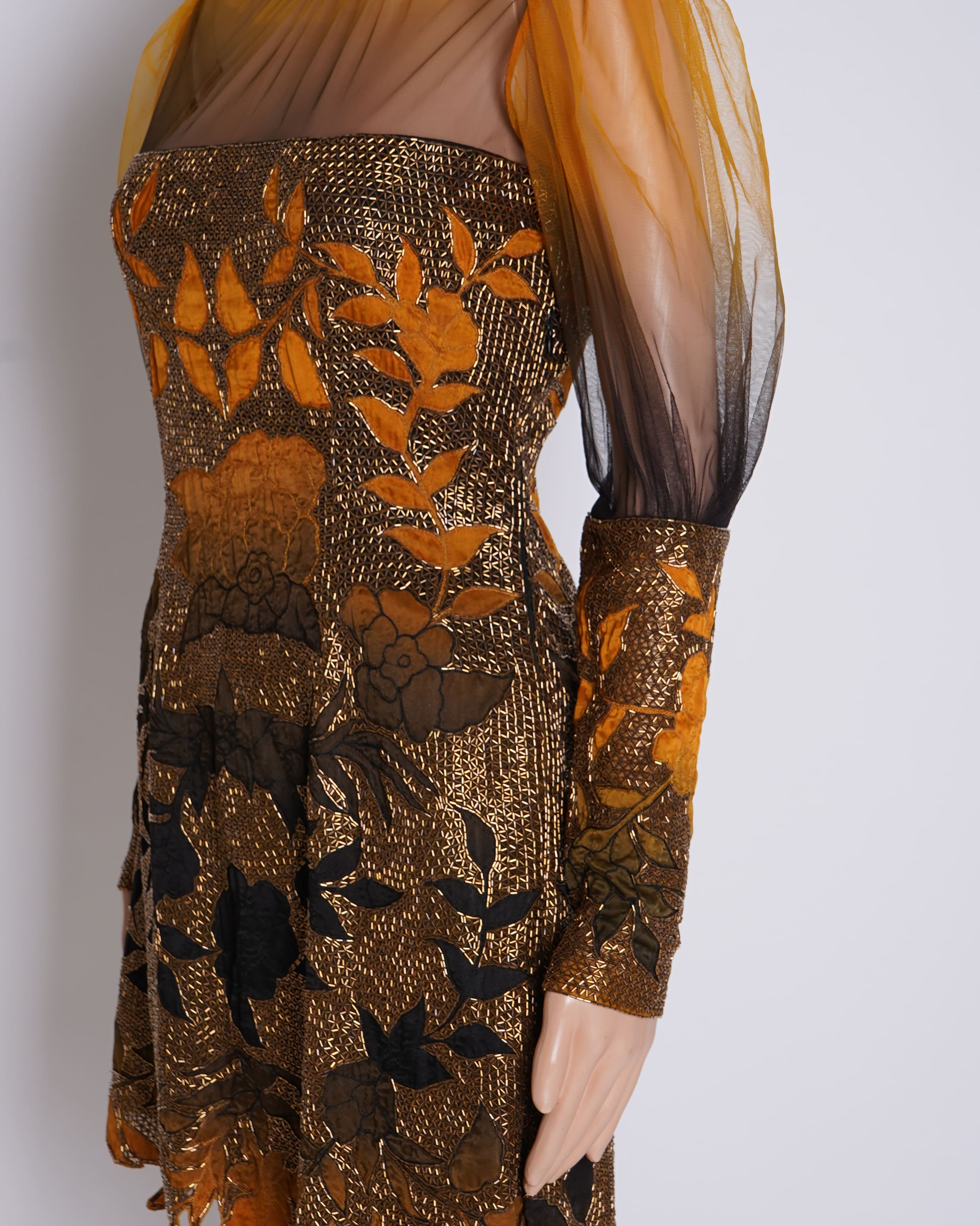 Kartikeya India Warm Color Tone Tulle High Neck Embroidered Dress