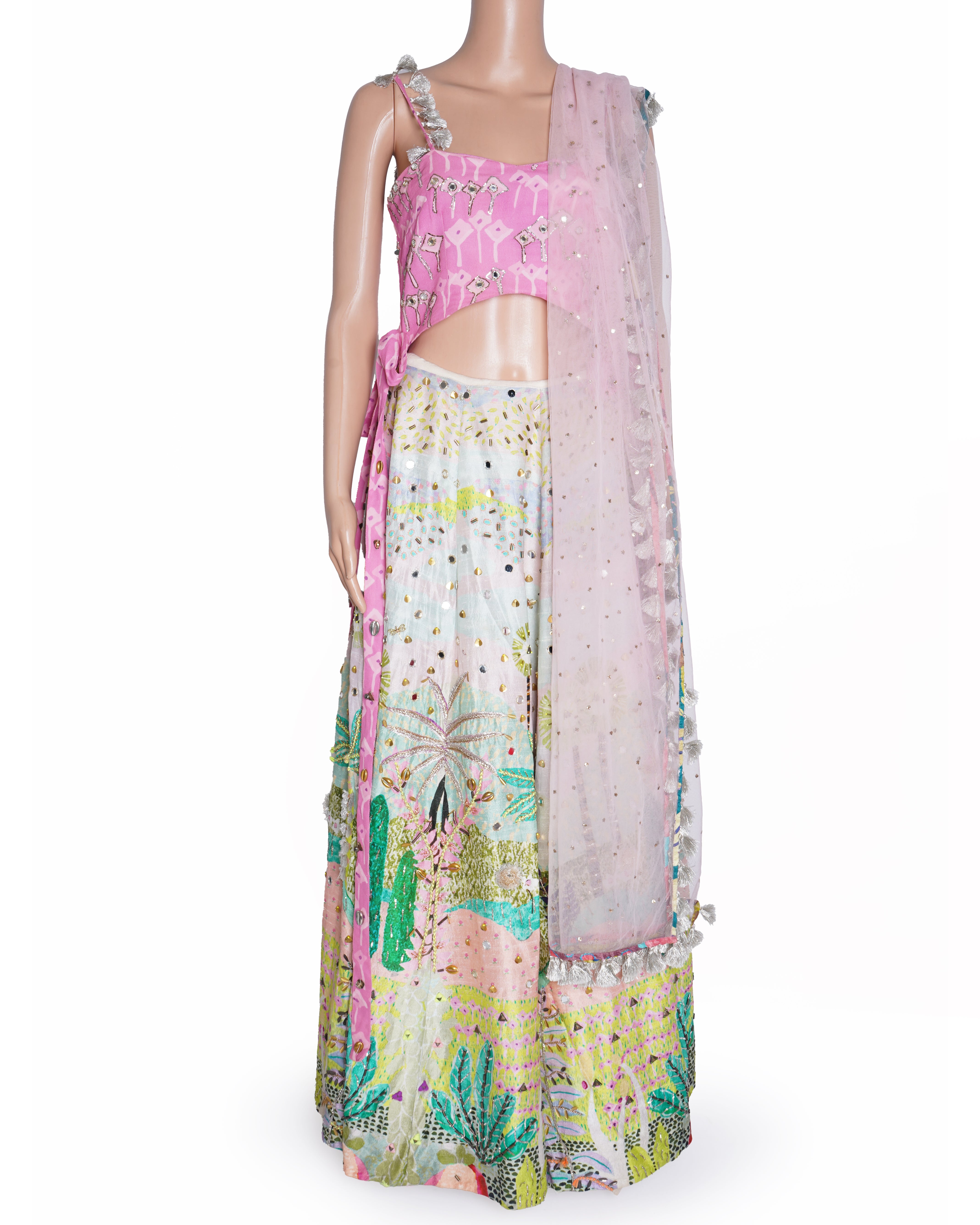 Payal Singhal Pink Kite Print Georgette Embroidered Bustier & Tropical Print Dupion Silk Embroidered Lehenga