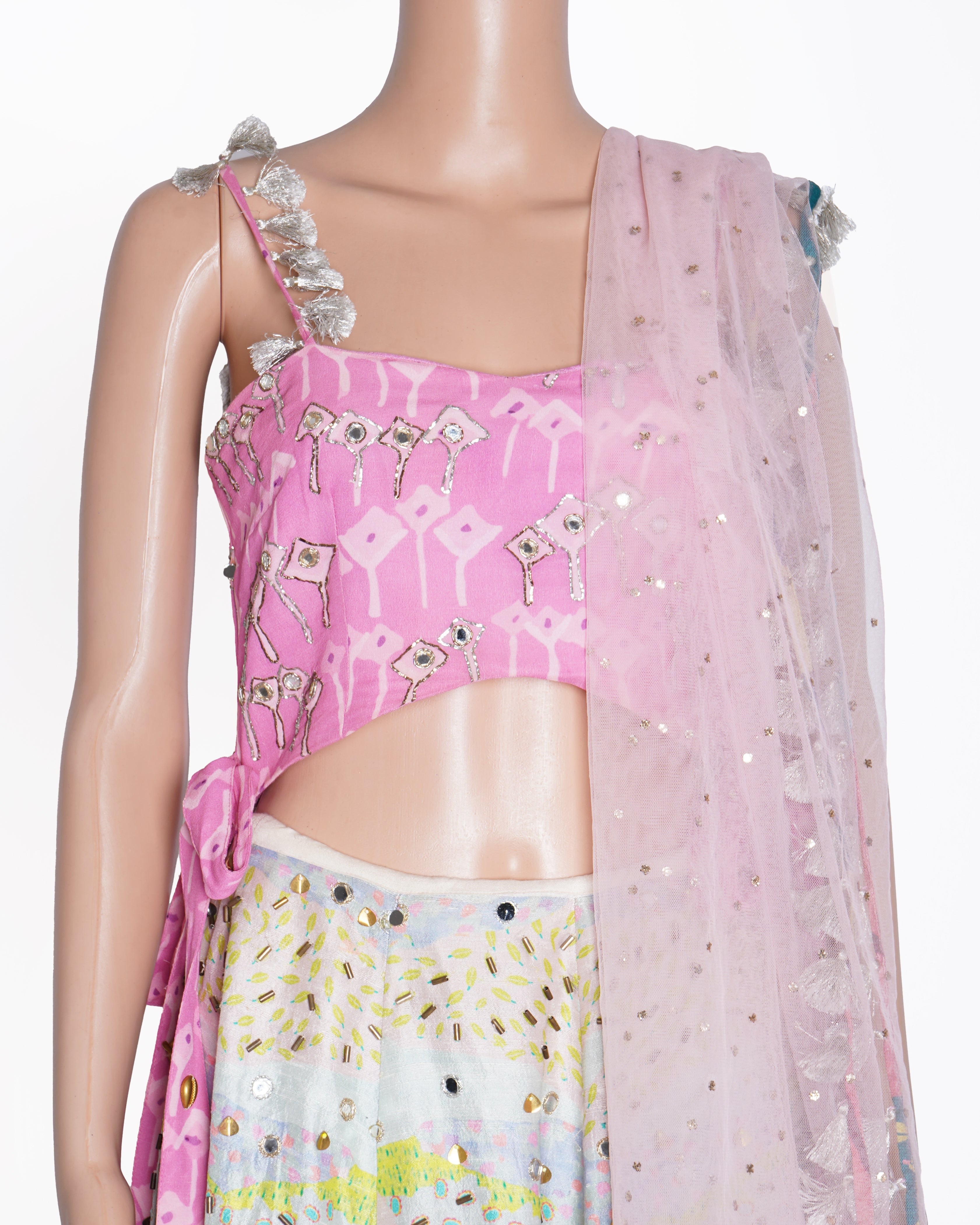 Payal Singhal Pink Kite Print Georgette Embroidered Bustier & Tropical Print Dupion Silk Embroidered Lehenga