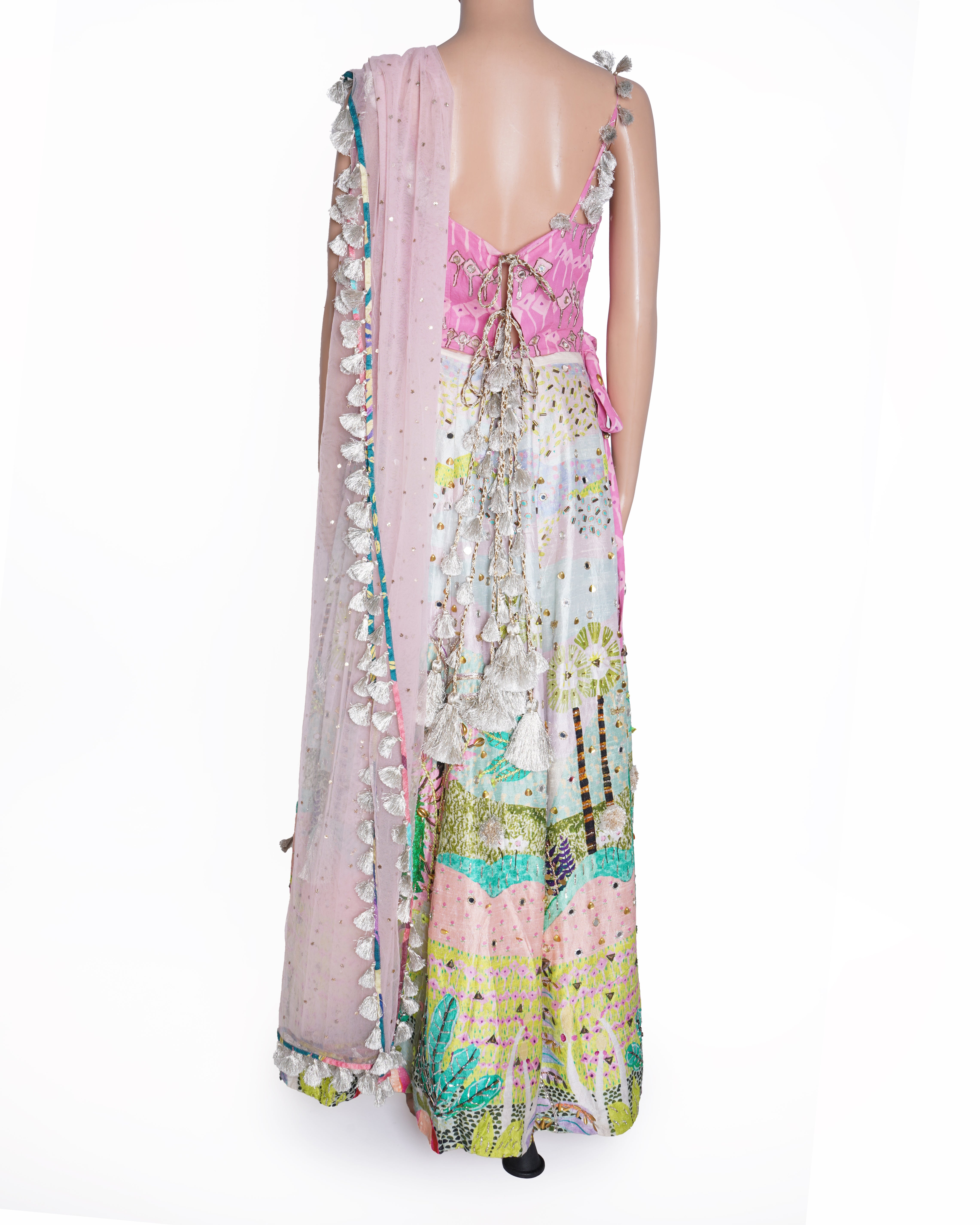 Payal Singhal Pink Kite Print Georgette Embroidered Bustier & Tropical Print Dupion Silk Embroidered Lehenga