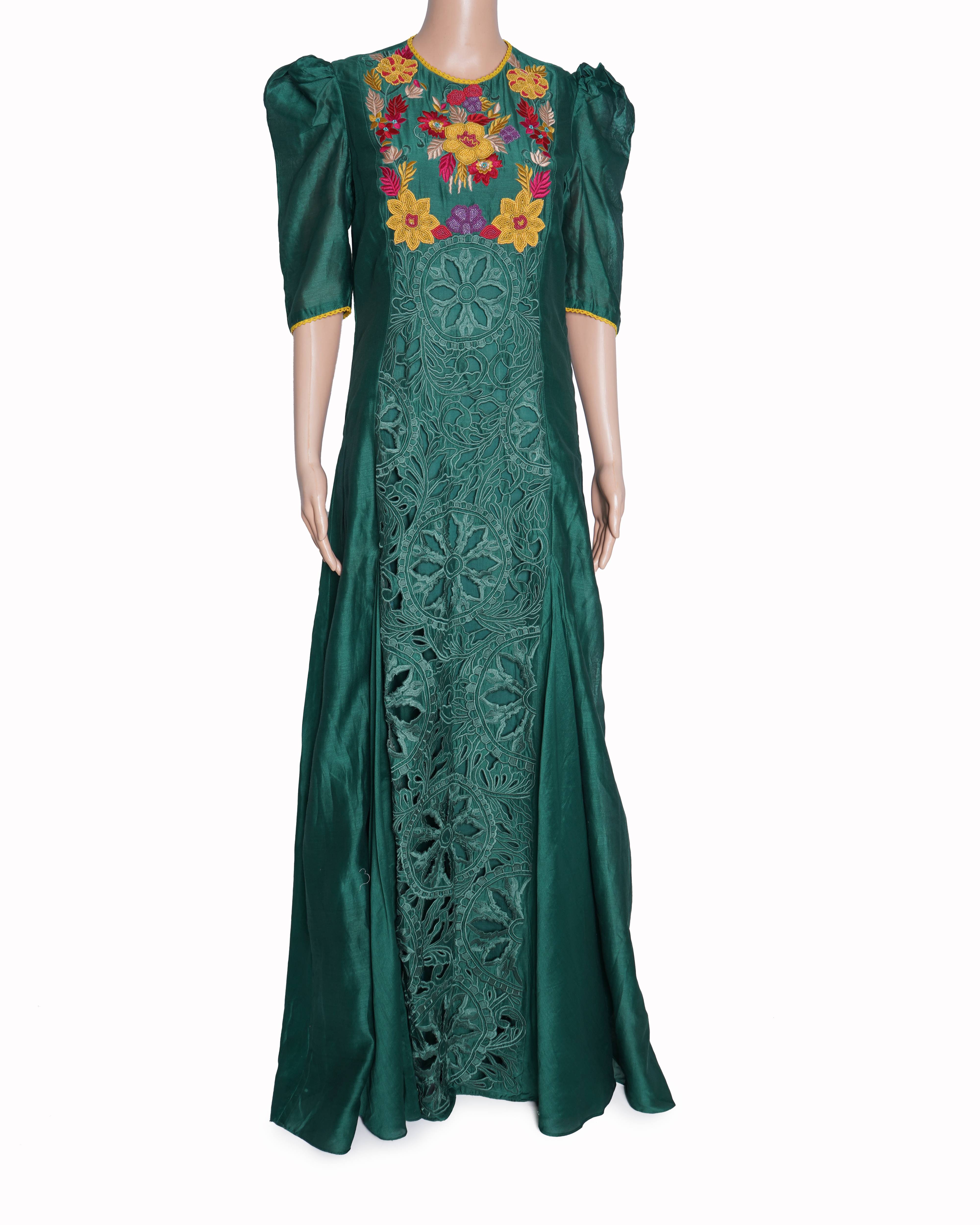 Chandrima emerald green cutwork maxi dress