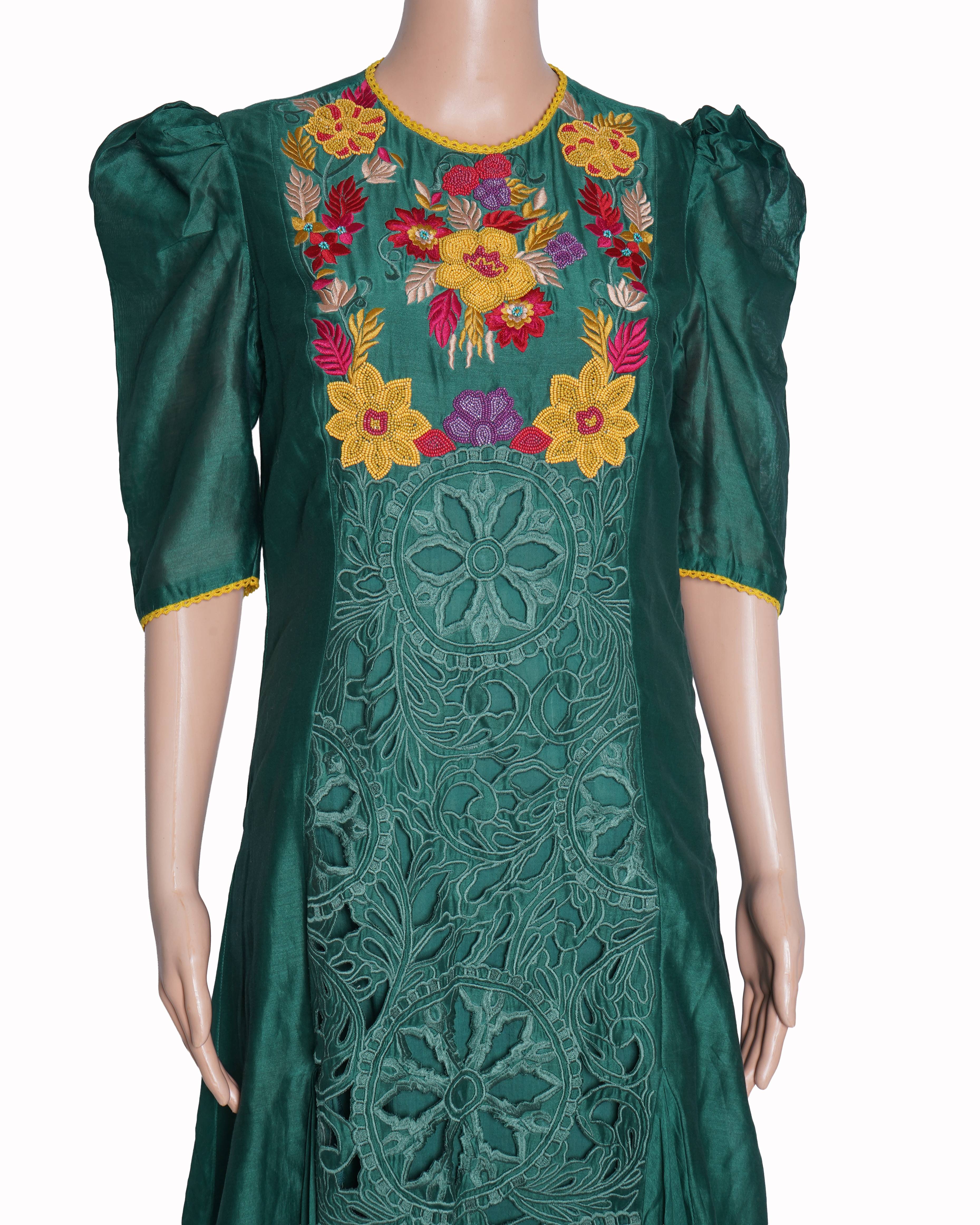 Chandrima emerald green cutwork maxi dress