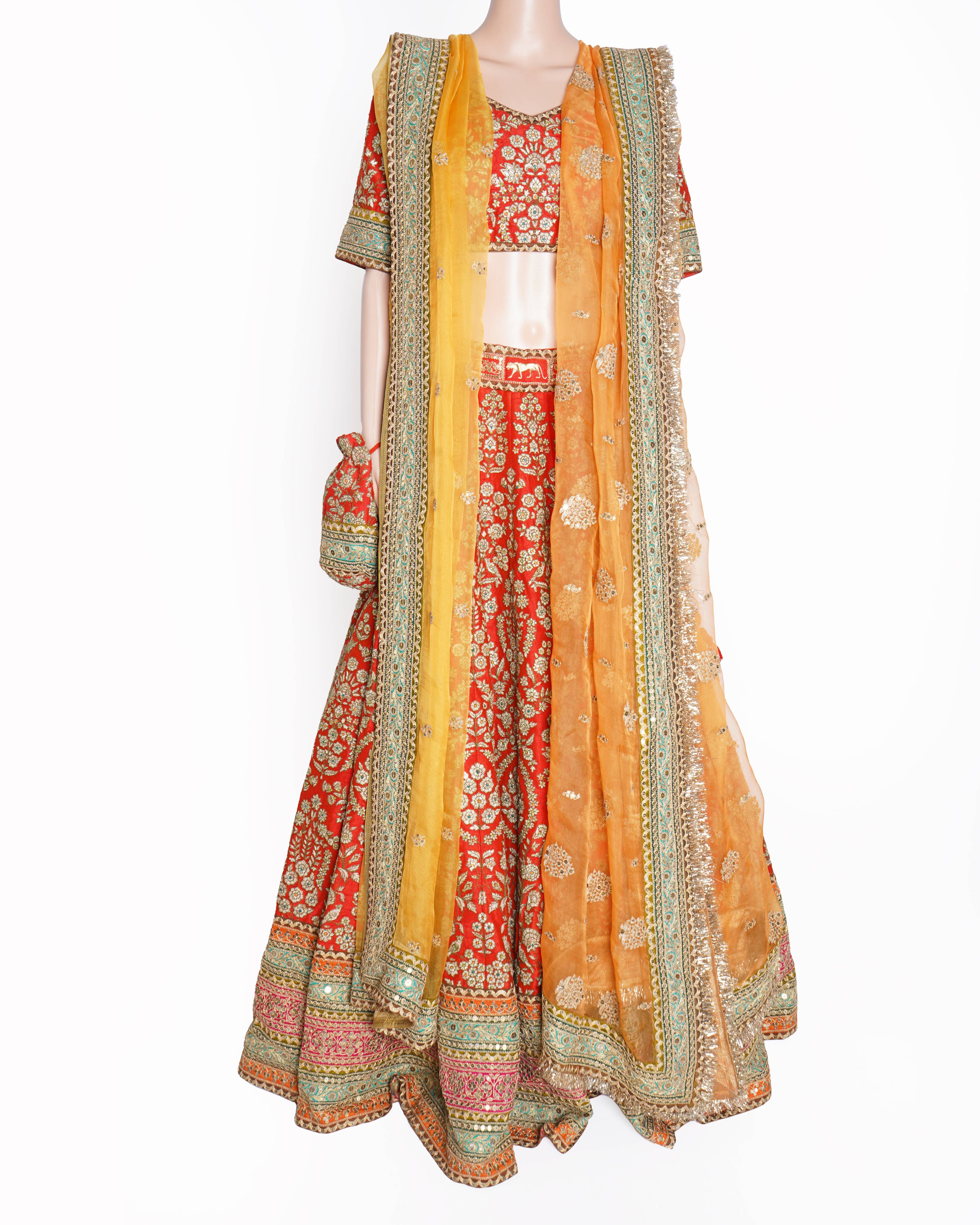 Sabyasachi Red Embroidered Lehenga Set with 2 Dupattas & Potli