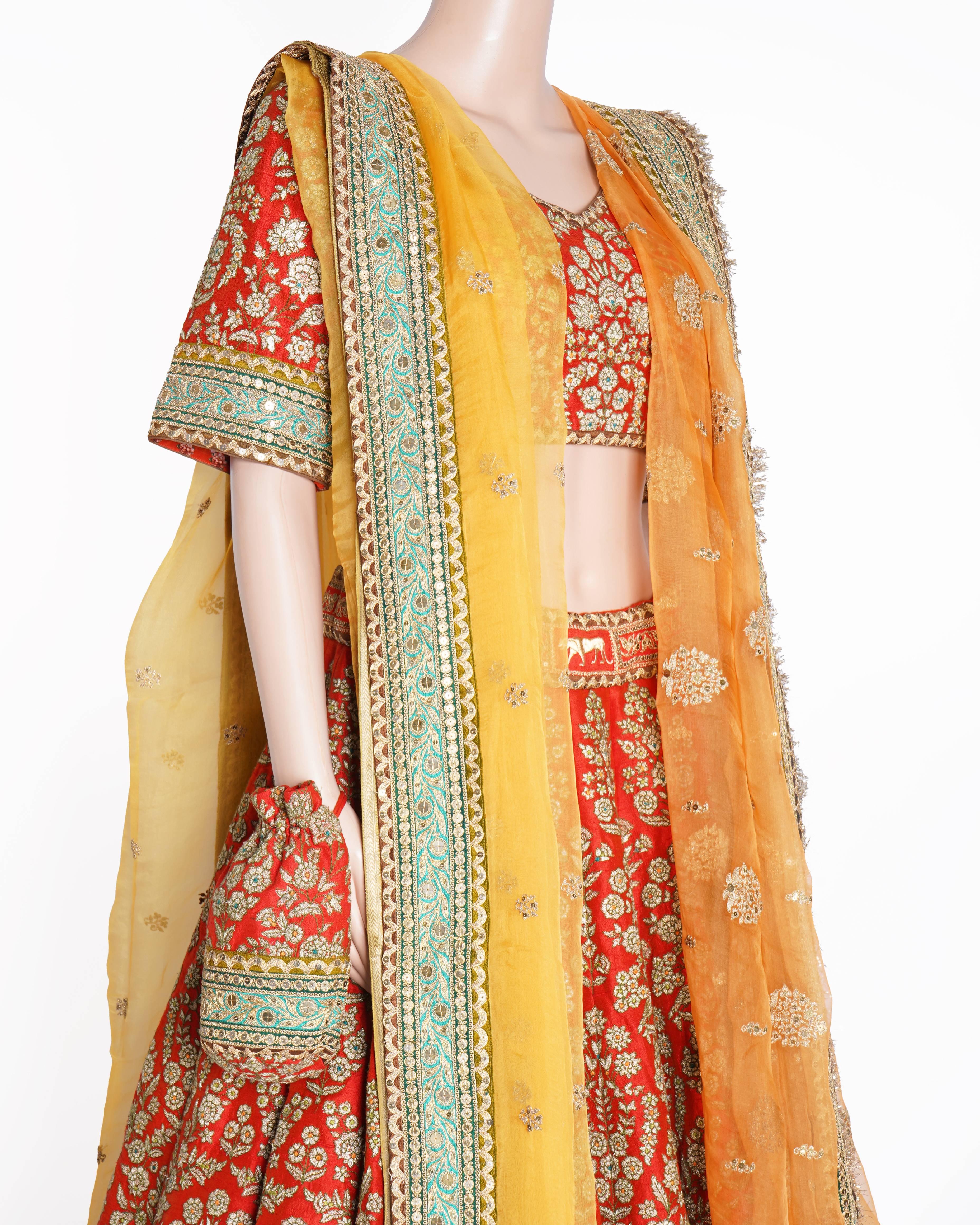 Sabyasachi Red Embroidered Lehenga Set with 2 Dupattas & Potli